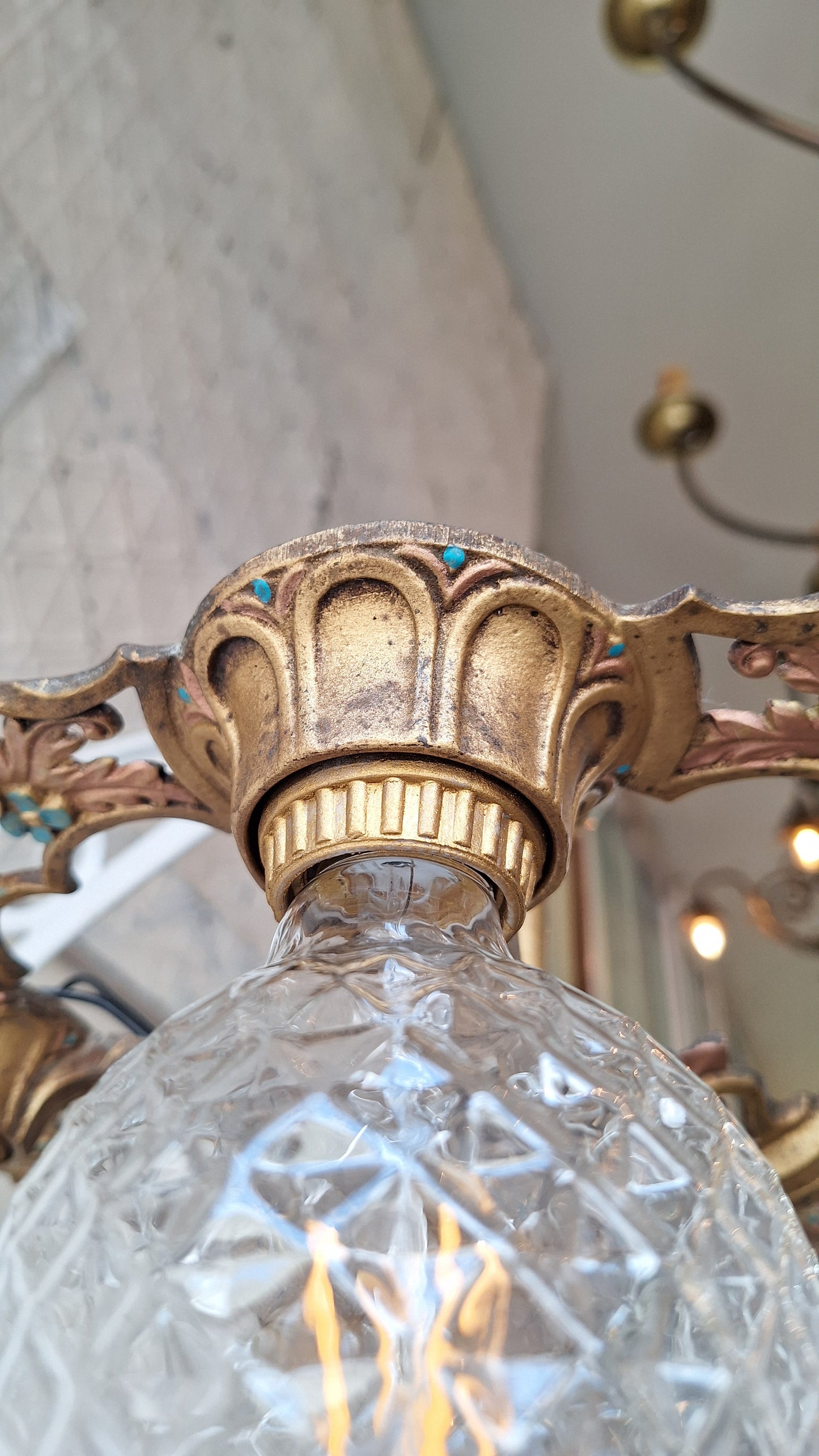 Art Deco Blue and Gold Chandelier, Five Bulb Light, Antique Riddle Light, Polychrome Light, Cast Metal Light, Antique Chandelier