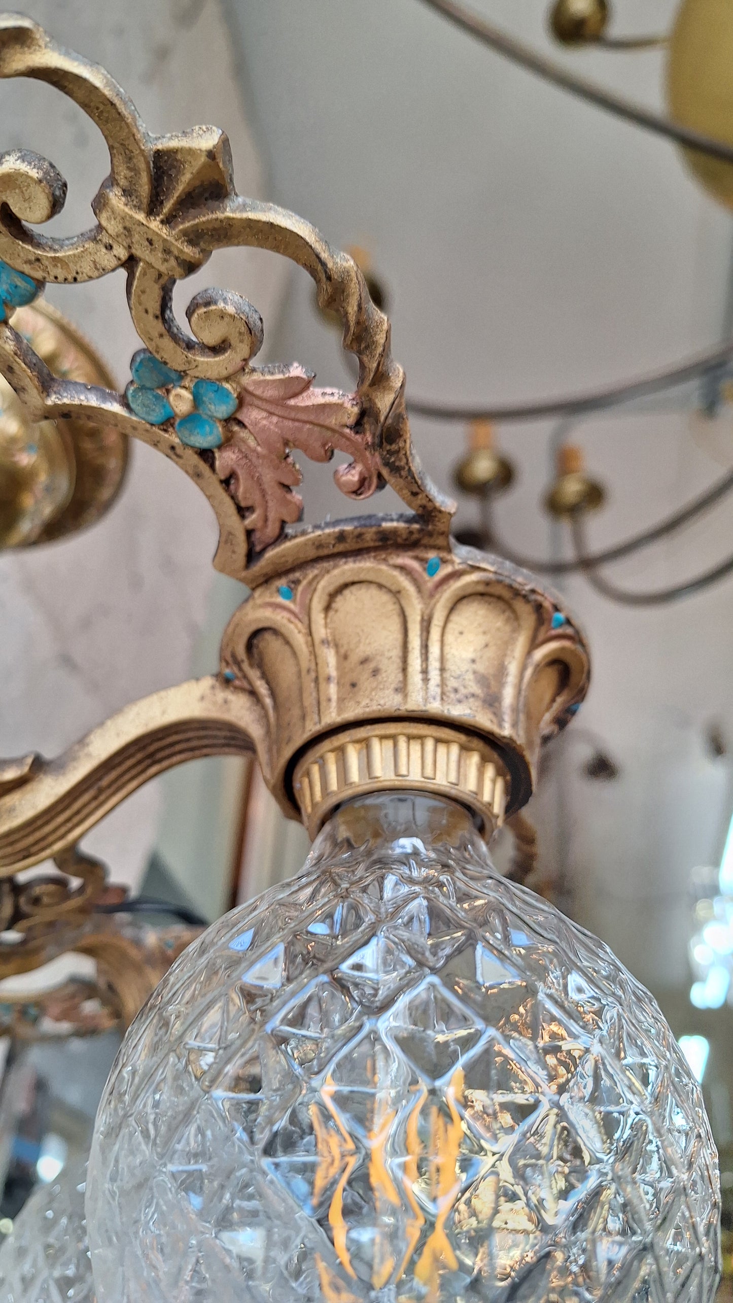 Art Deco Blue and Gold Chandelier, Five Bulb Light, Antique Riddle Light, Polychrome Light, Cast Metal Light, Antique Chandelier