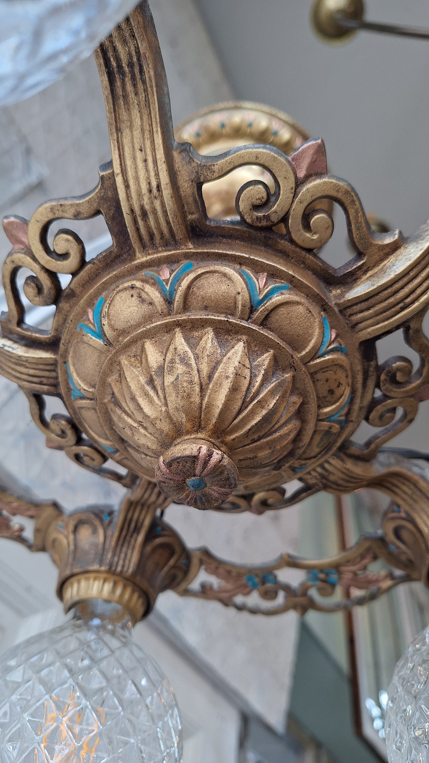 Art Deco Blue and Gold Chandelier, Five Bulb Light, Antique Riddle Light, Polychrome Light, Cast Metal Light, Antique Chandelier
