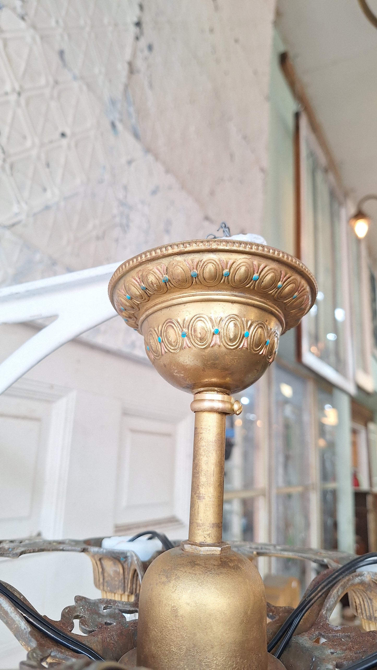 Art Deco Blue and Gold Chandelier, Five Bulb Light, Antique Riddle Light, Polychrome Light, Cast Metal Light, Antique Chandelier