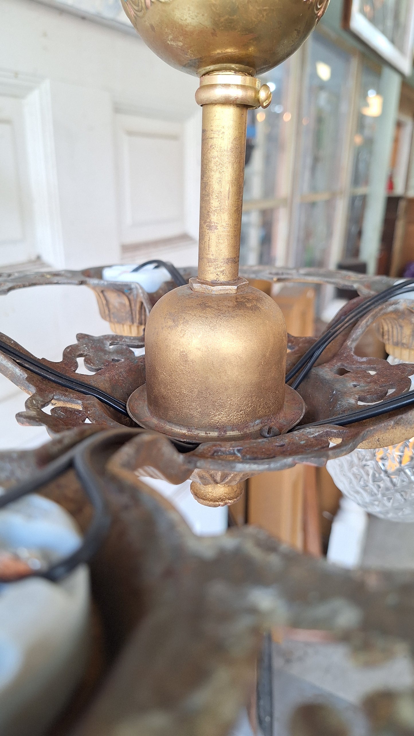 Art Deco Blue and Gold Chandelier, Five Bulb Light, Antique Riddle Light, Polychrome Light, Cast Metal Light, Antique Chandelier
