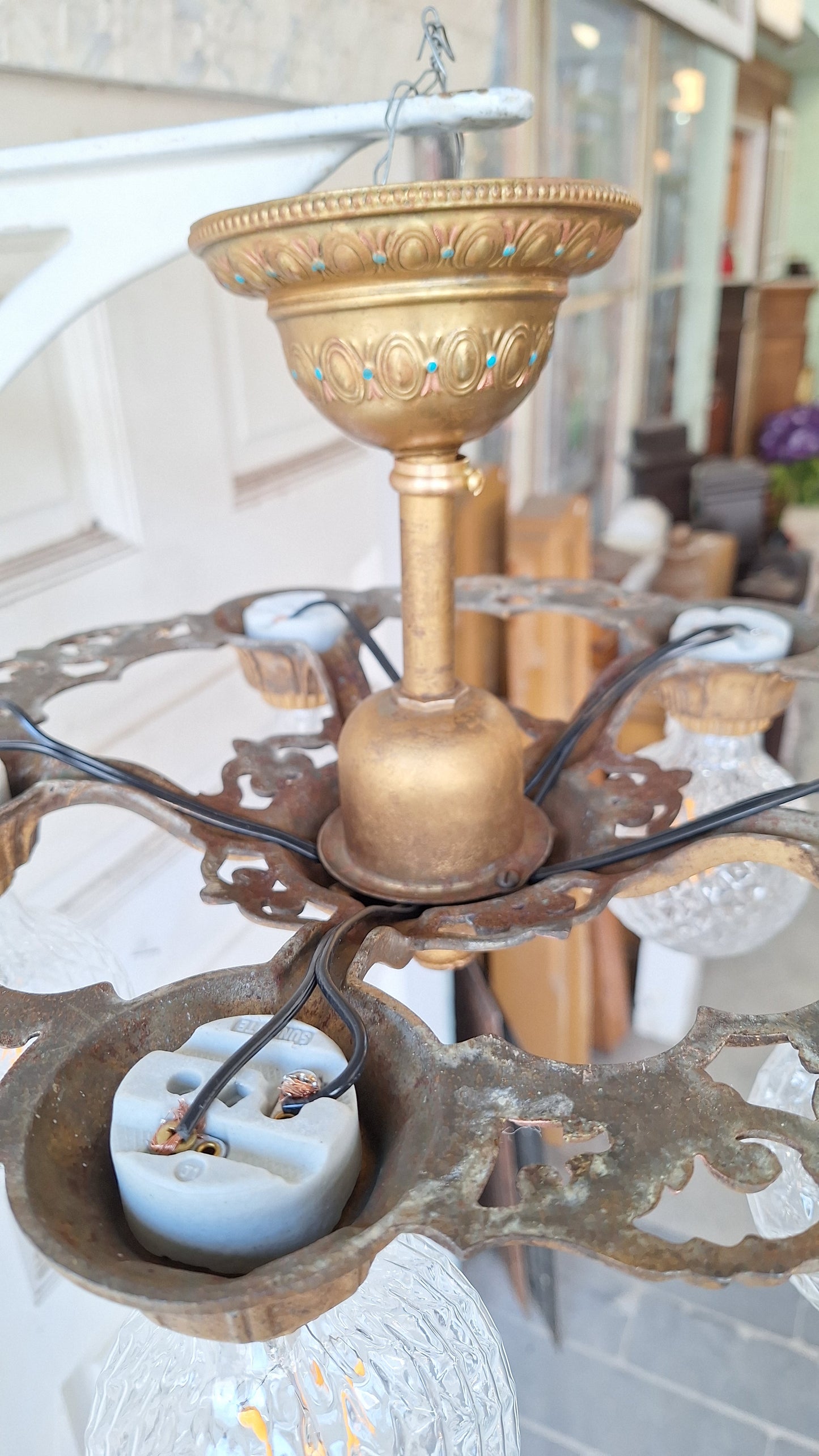 Art Deco Blue and Gold Chandelier, Five Bulb Light, Antique Riddle Light, Polychrome Light, Cast Metal Light, Antique Chandelier