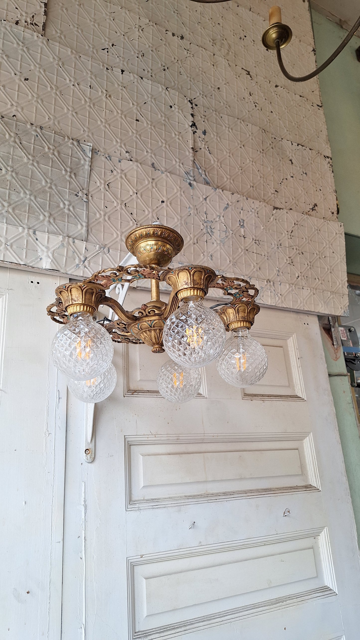 Art Deco Blue and Gold Chandelier, Five Bulb Light, Antique Riddle Light, Polychrome Light, Cast Metal Light, Antique Chandelier