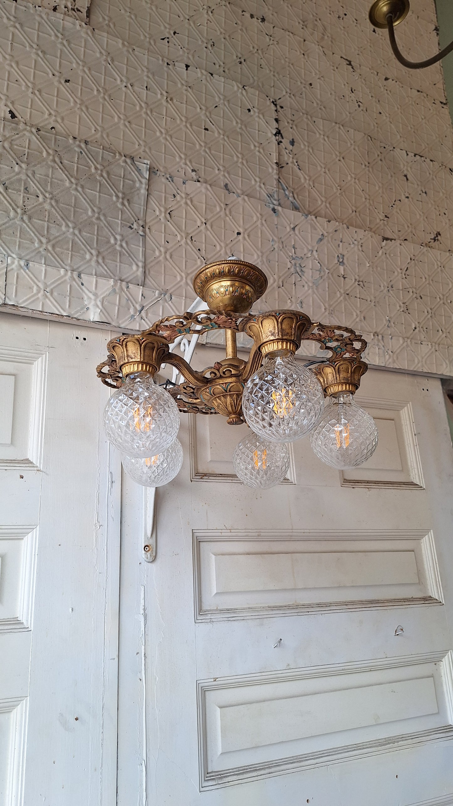 Art Deco Blue and Gold Chandelier, Five Bulb Light, Antique Riddle Light, Polychrome Light, Cast Metal Light, Antique Chandelier