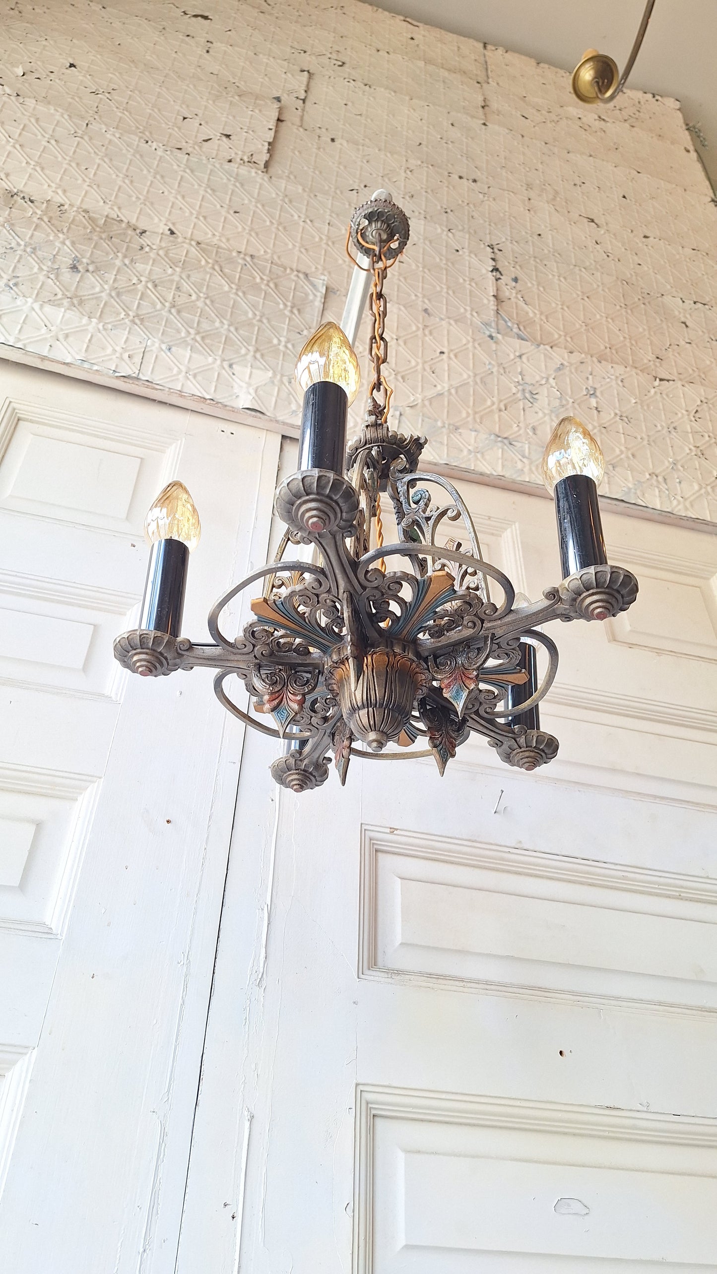 Antique Riddle Chandelier with Polychrome Paint, Silver & Blue Vintage Chandelier 041501
