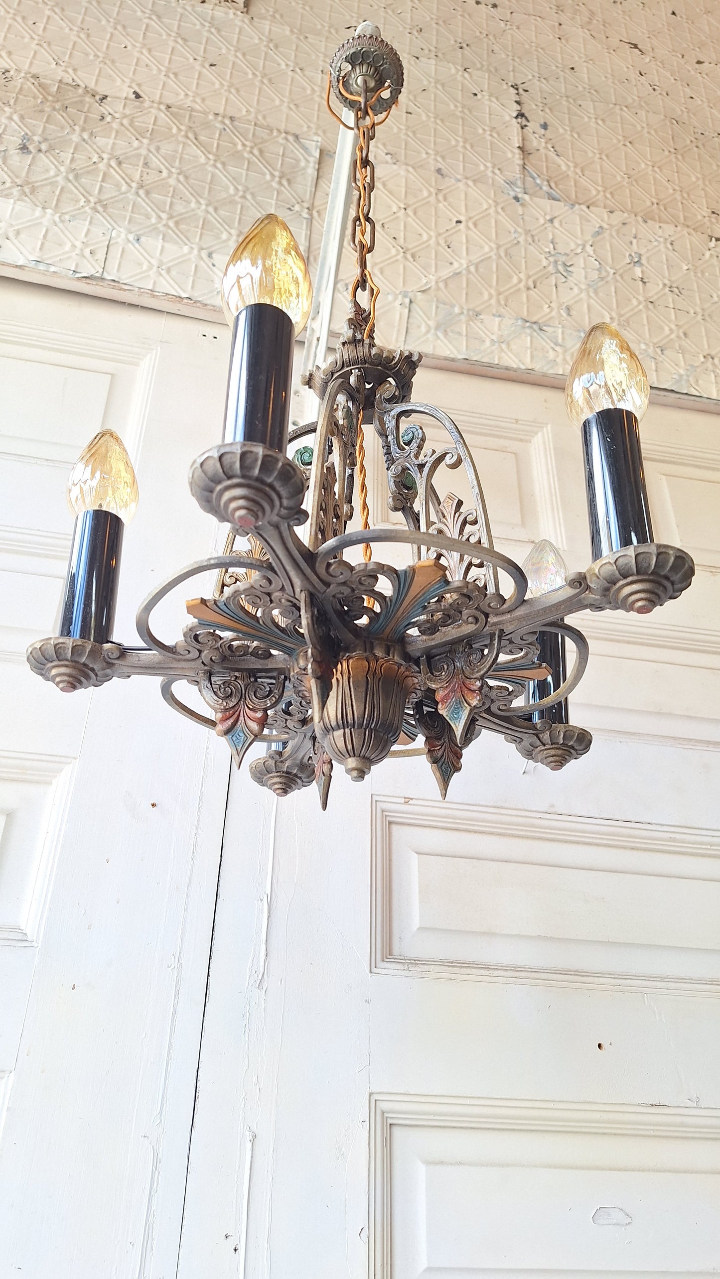 Antique Riddle Chandelier with Polychrome Paint, Silver & Blue Vintage Chandelier 041501