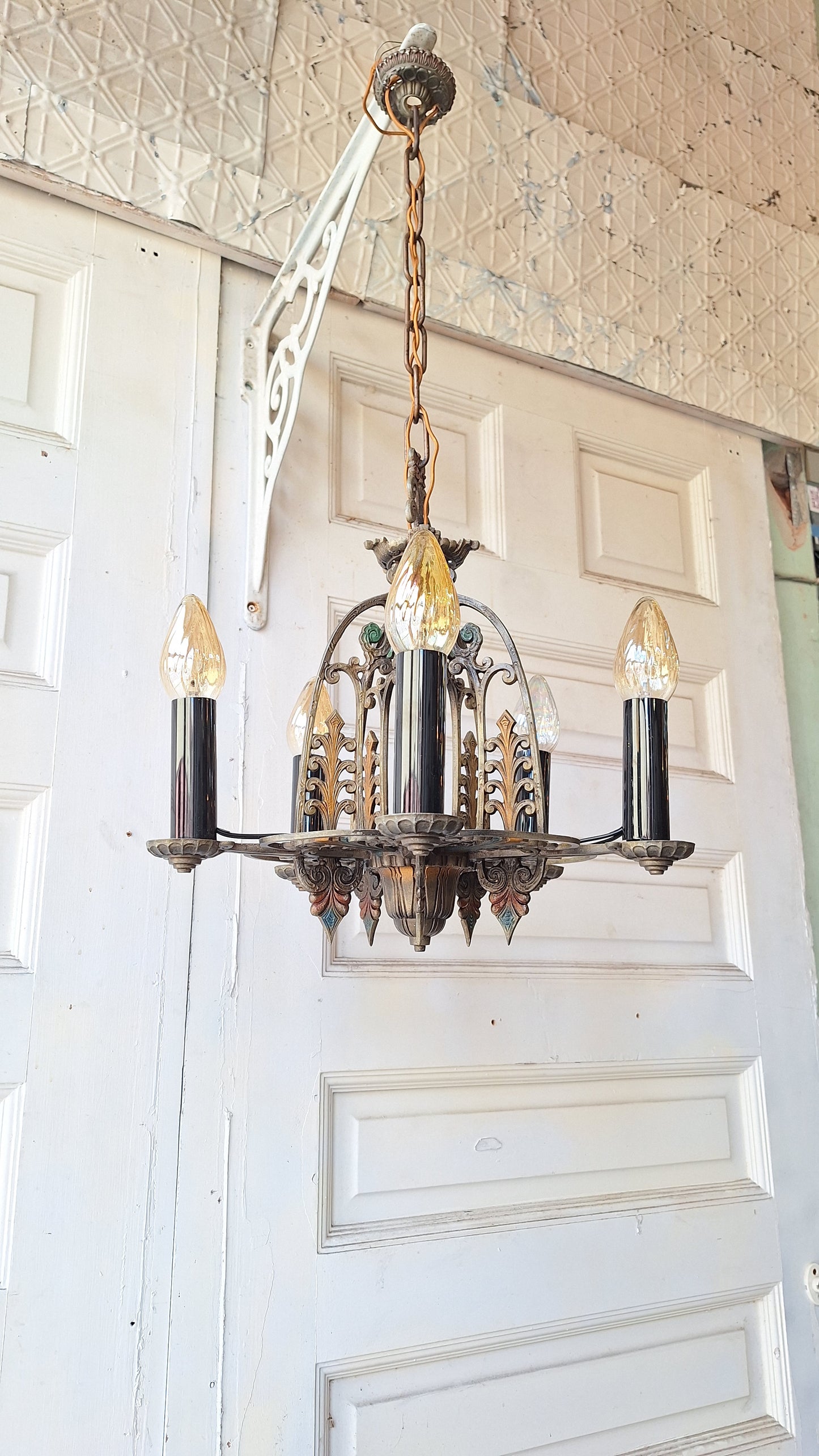 Antique Riddle Chandelier with Polychrome Paint, Silver & Blue Vintage Chandelier 041501