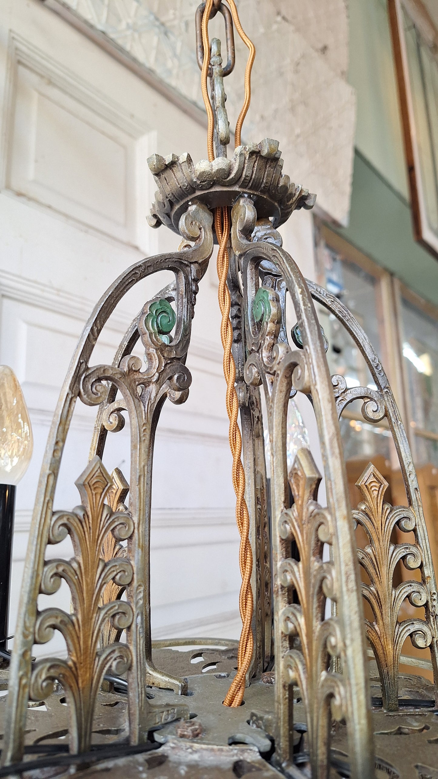 Antique Riddle Chandelier with Polychrome Paint, Silver & Blue Vintage Chandelier 041501