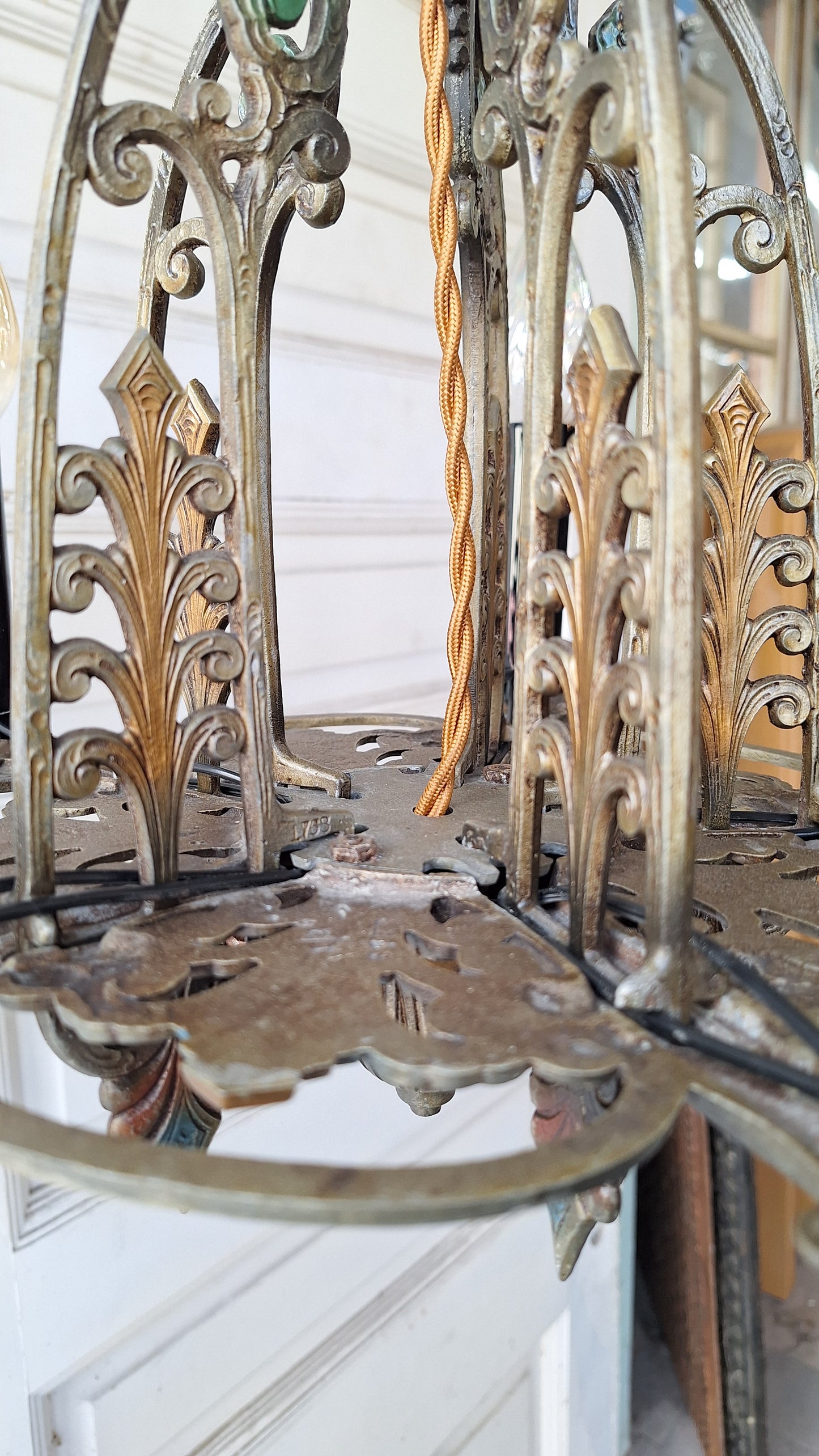 Antique Riddle Chandelier with Polychrome Paint, Silver & Blue Vintage Chandelier 041501