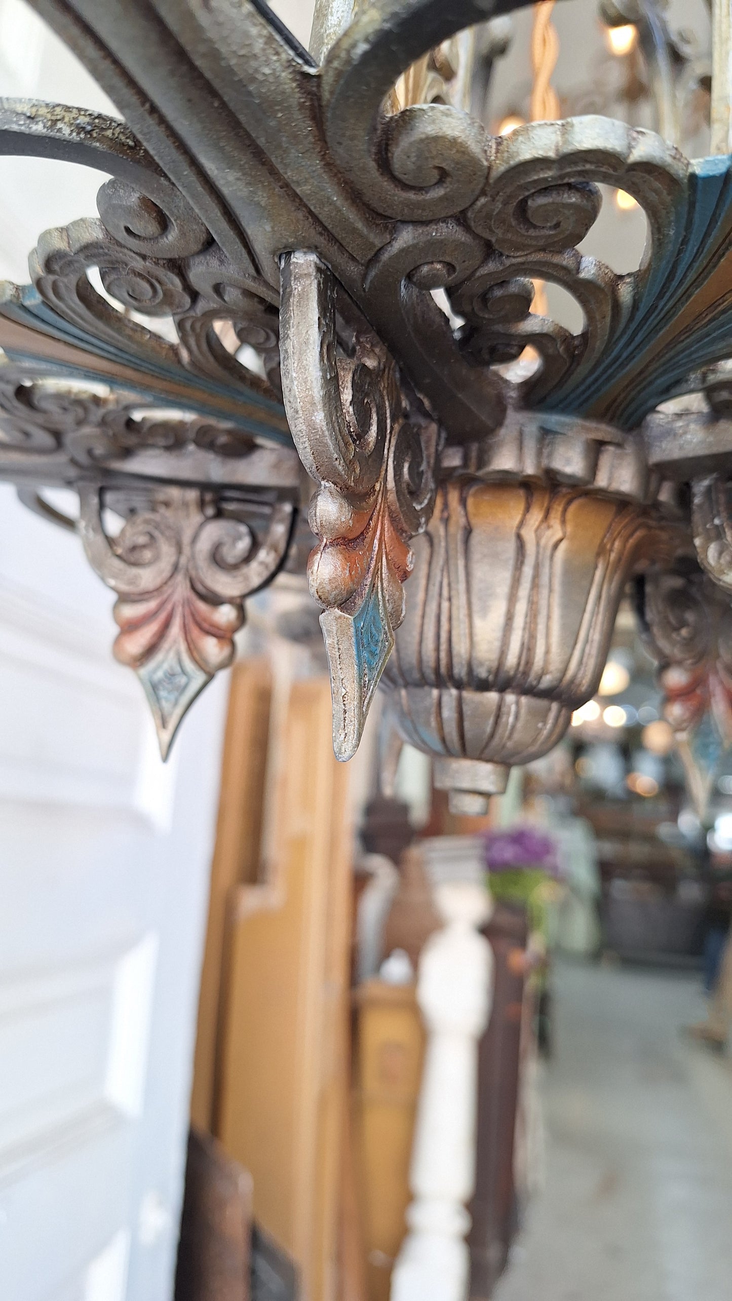 Antique Riddle Chandelier with Polychrome Paint, Silver & Blue Vintage Chandelier 041501