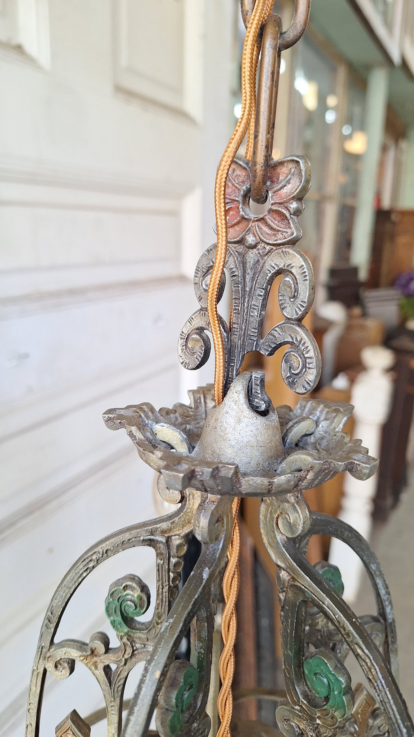 Antique Riddle Chandelier with Polychrome Paint, Silver & Blue Vintage Chandelier 041501