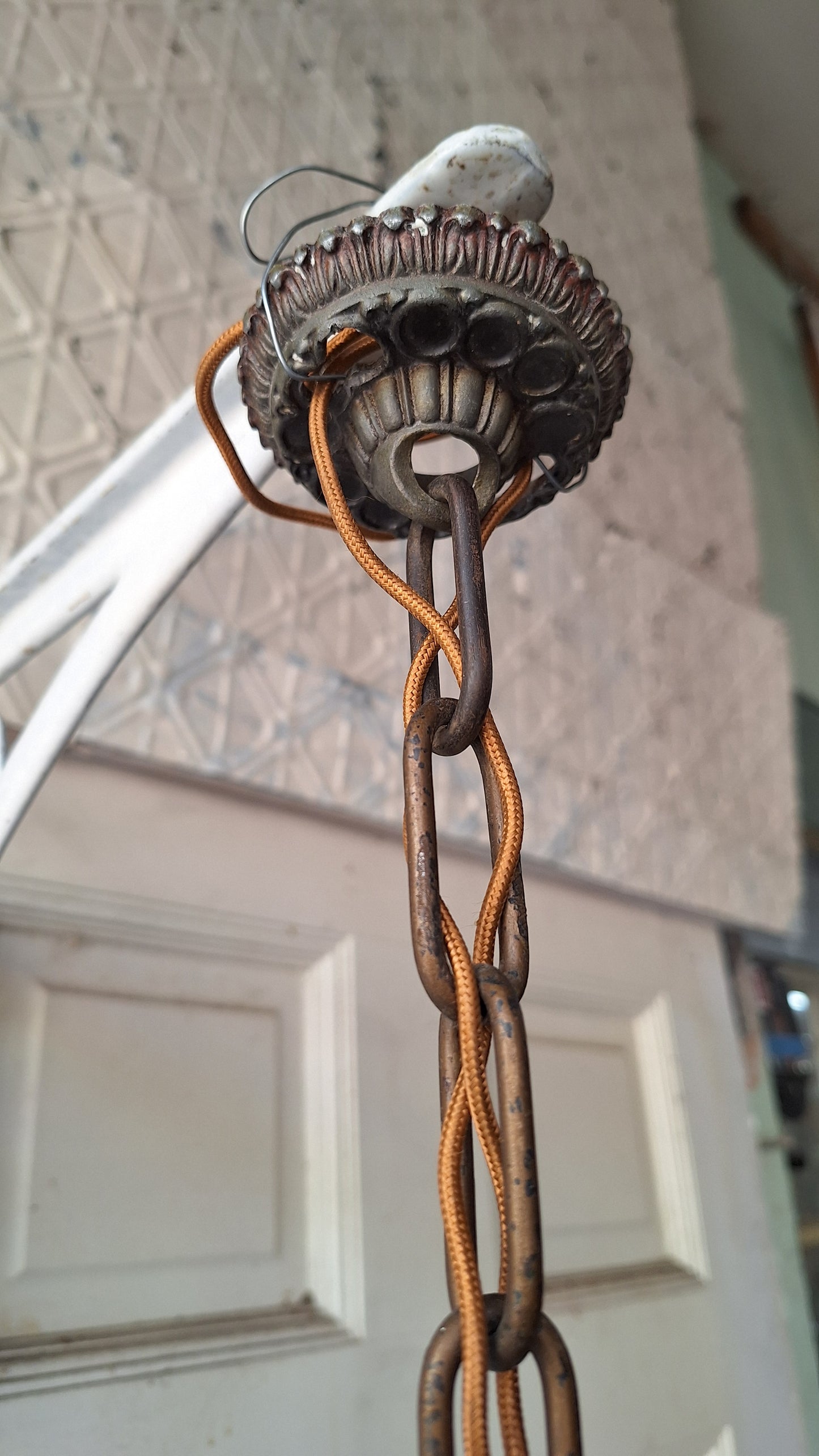 Antique Riddle Chandelier with Polychrome Paint, Silver & Blue Vintage Chandelier 041501