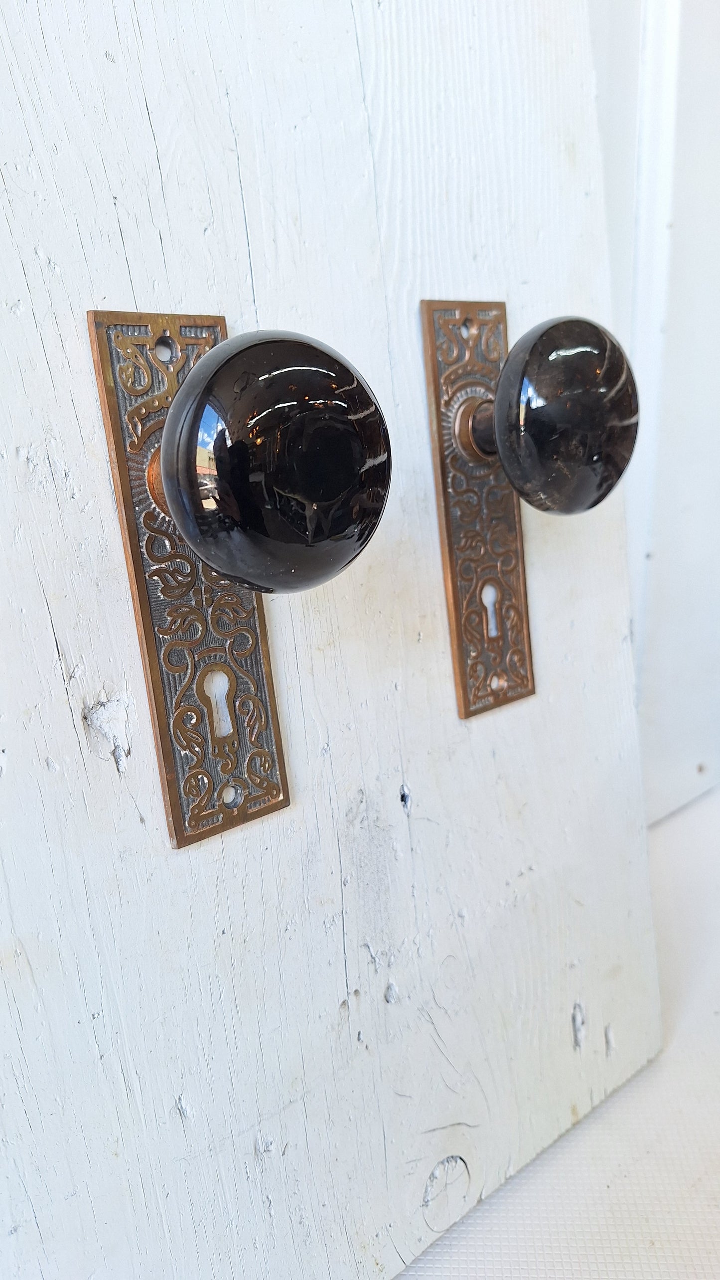Black Porcelain Knob & Bronze Plate, Ceramic Doorknobs and Backplates Eastlake Design, Complete Victorian Door Hardware Set 041502