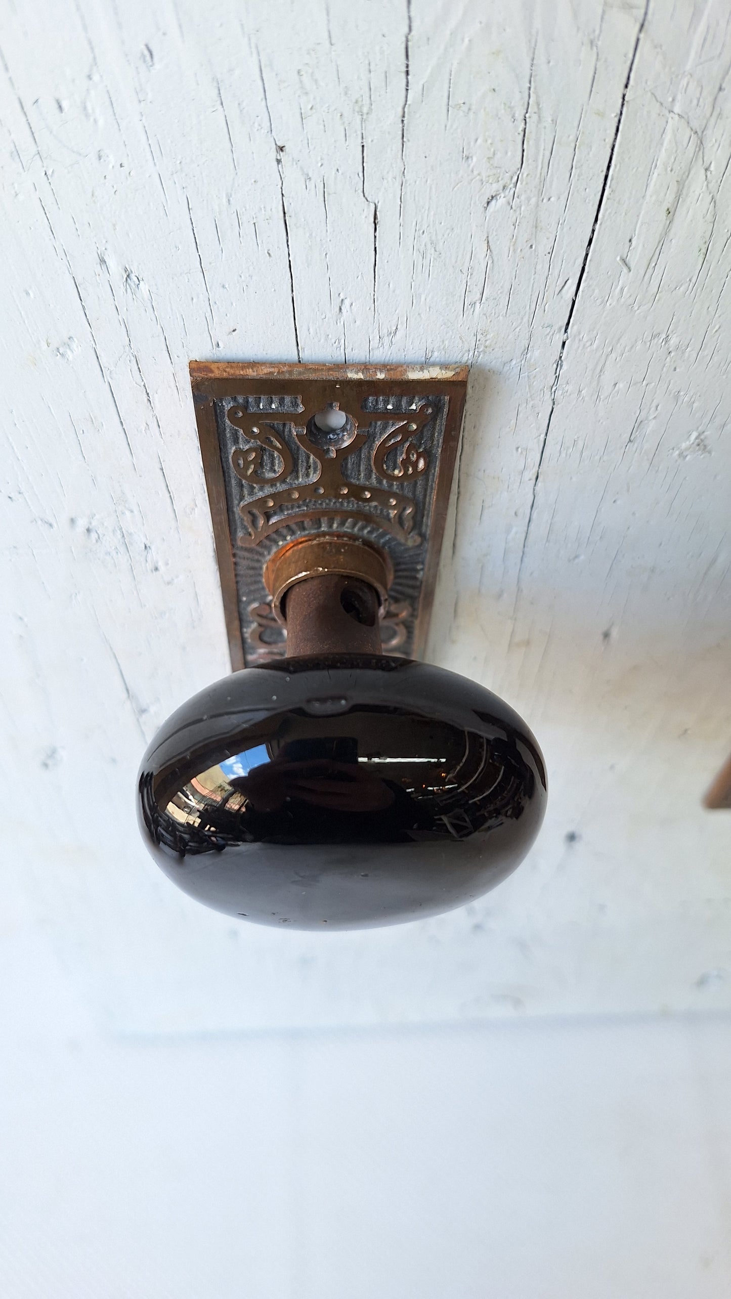 Black Porcelain Knob & Bronze Plate, Ceramic Doorknobs and Backplates Eastlake Design, Complete Victorian Door Hardware Set 041502