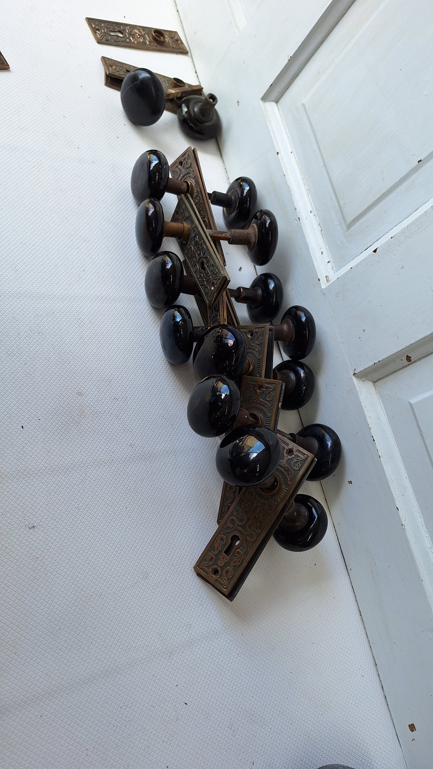 Black Porcelain Knob & Bronze Plate, Ceramic Doorknobs and Backplates Eastlake Design, Complete Victorian Door Hardware Set 041502