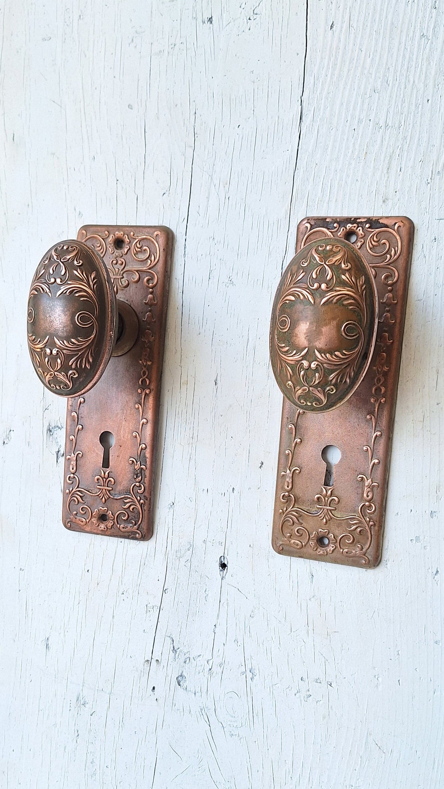 Set Copper Wash Door Hardware, Ornate Backplates and Door Knob Pair, Bronze Door Hardware Set 110110