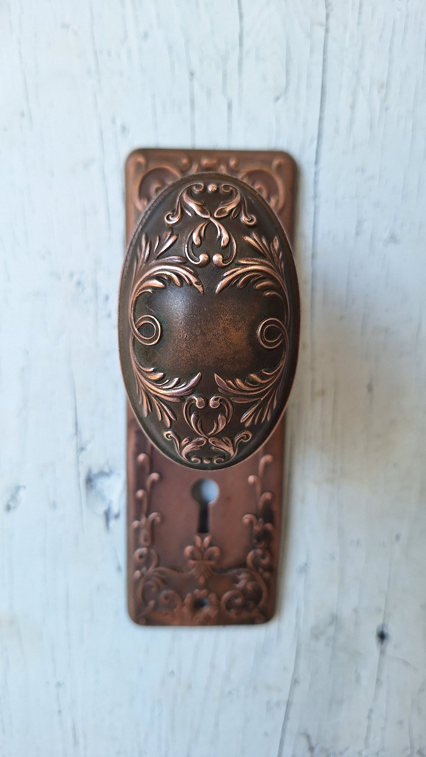 Set Copper Wash Door Hardware, Ornate Backplates and Door Knob Pair, Bronze Door Hardware Set 110110