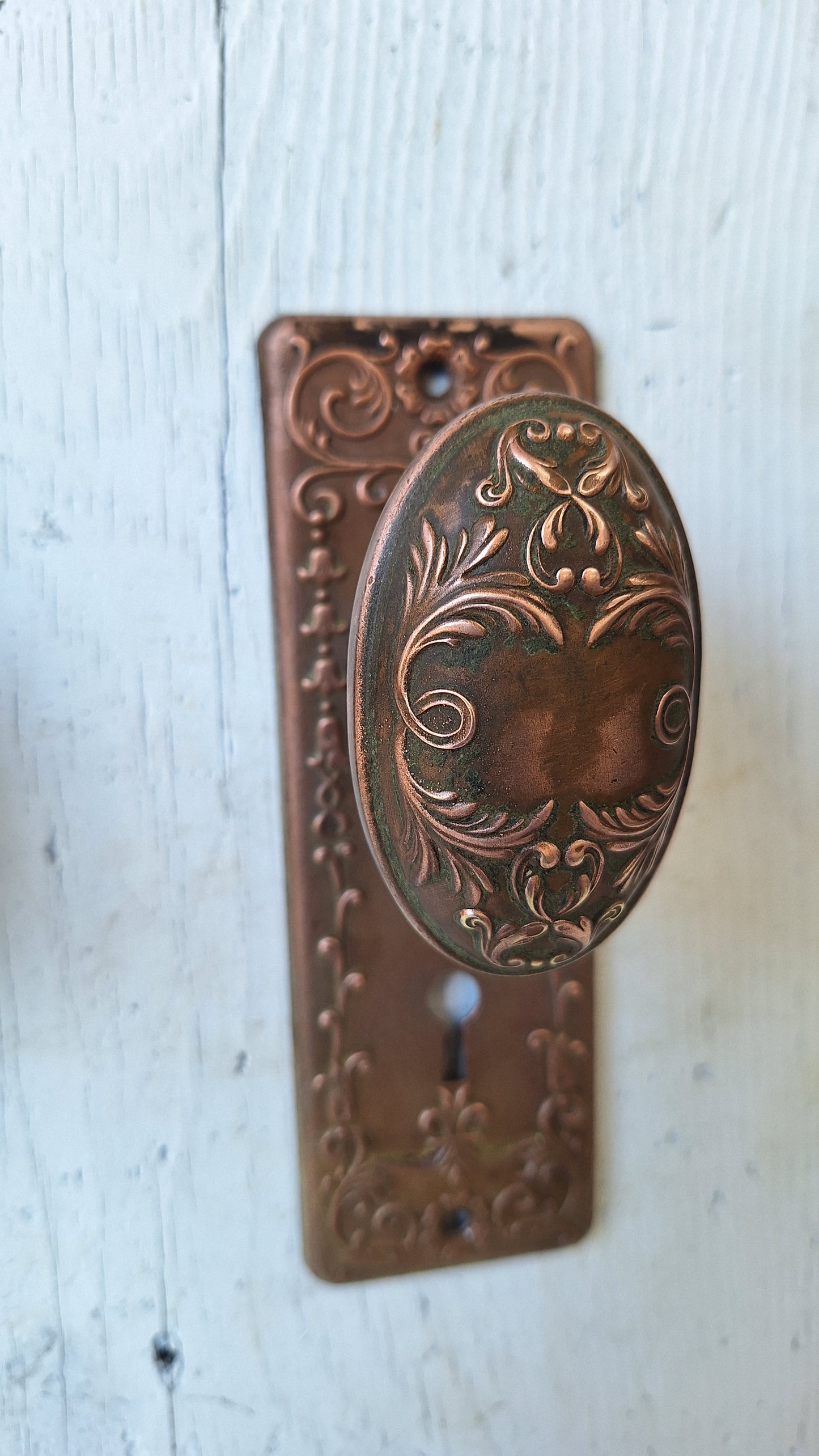 Set Copper Wash Door Hardware, Ornate Backplates and Door Knob Pair, Bronze Door Hardware Set 110110