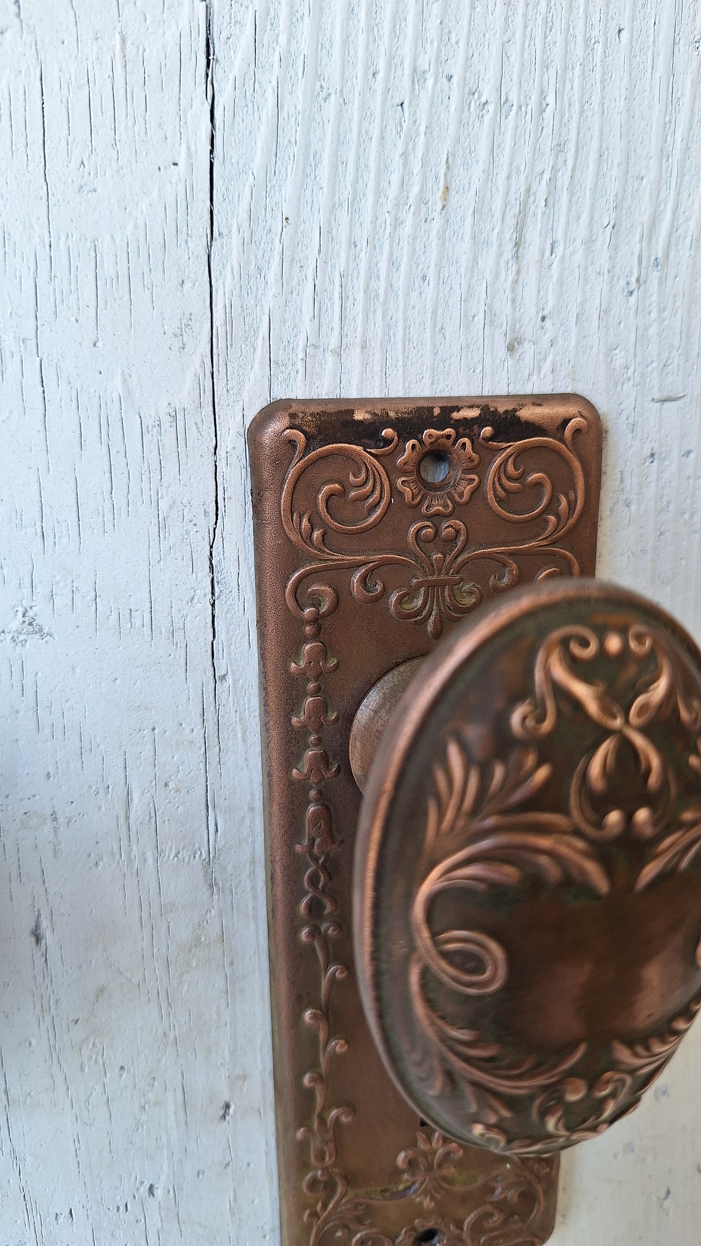 Set Copper Wash Door Hardware, Ornate Backplates and Door Knob Pair, Bronze Door Hardware Set 110110