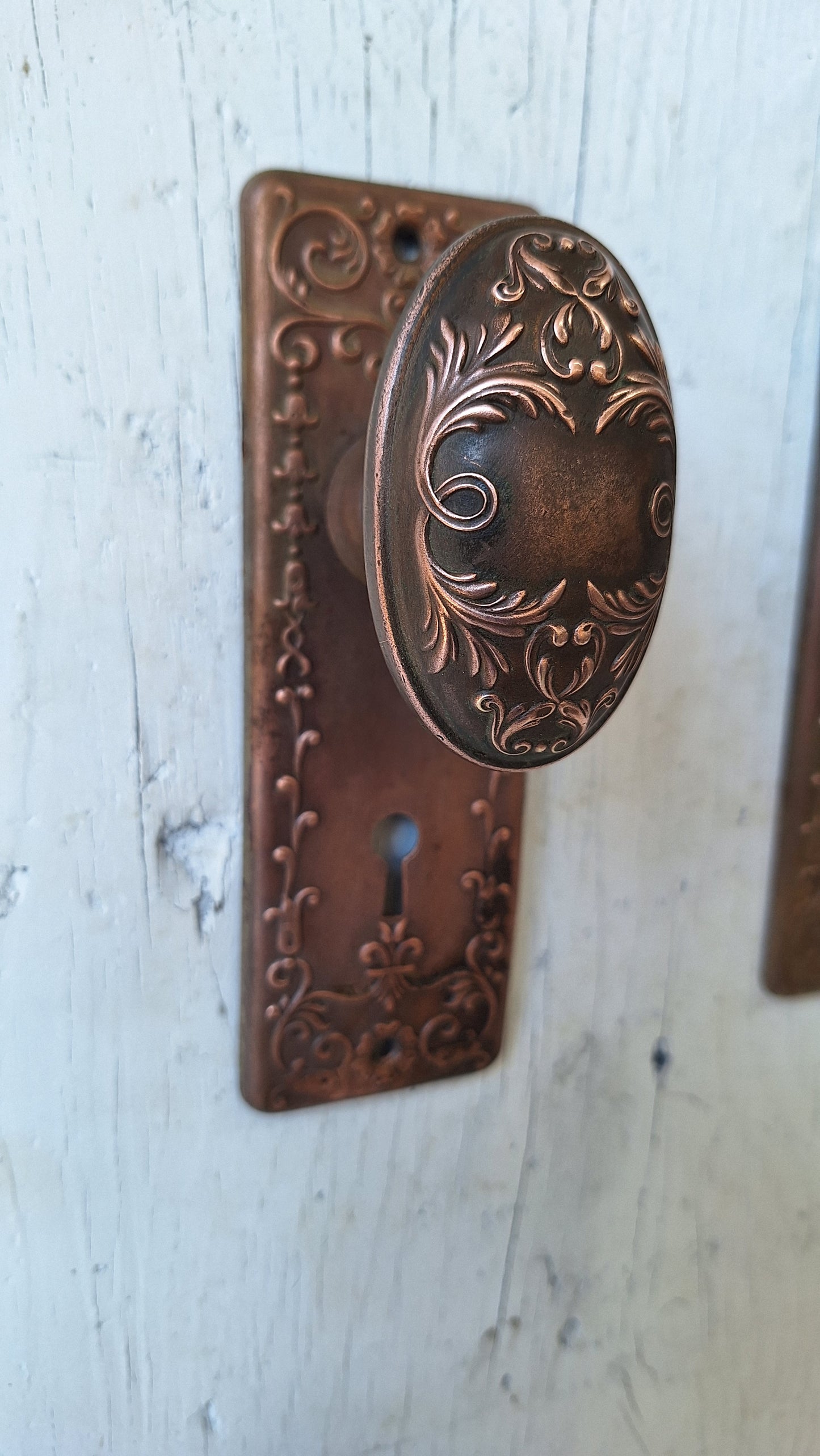 Set Copper Wash Door Hardware, Ornate Backplates and Door Knob Pair, Bronze Door Hardware Set 110110