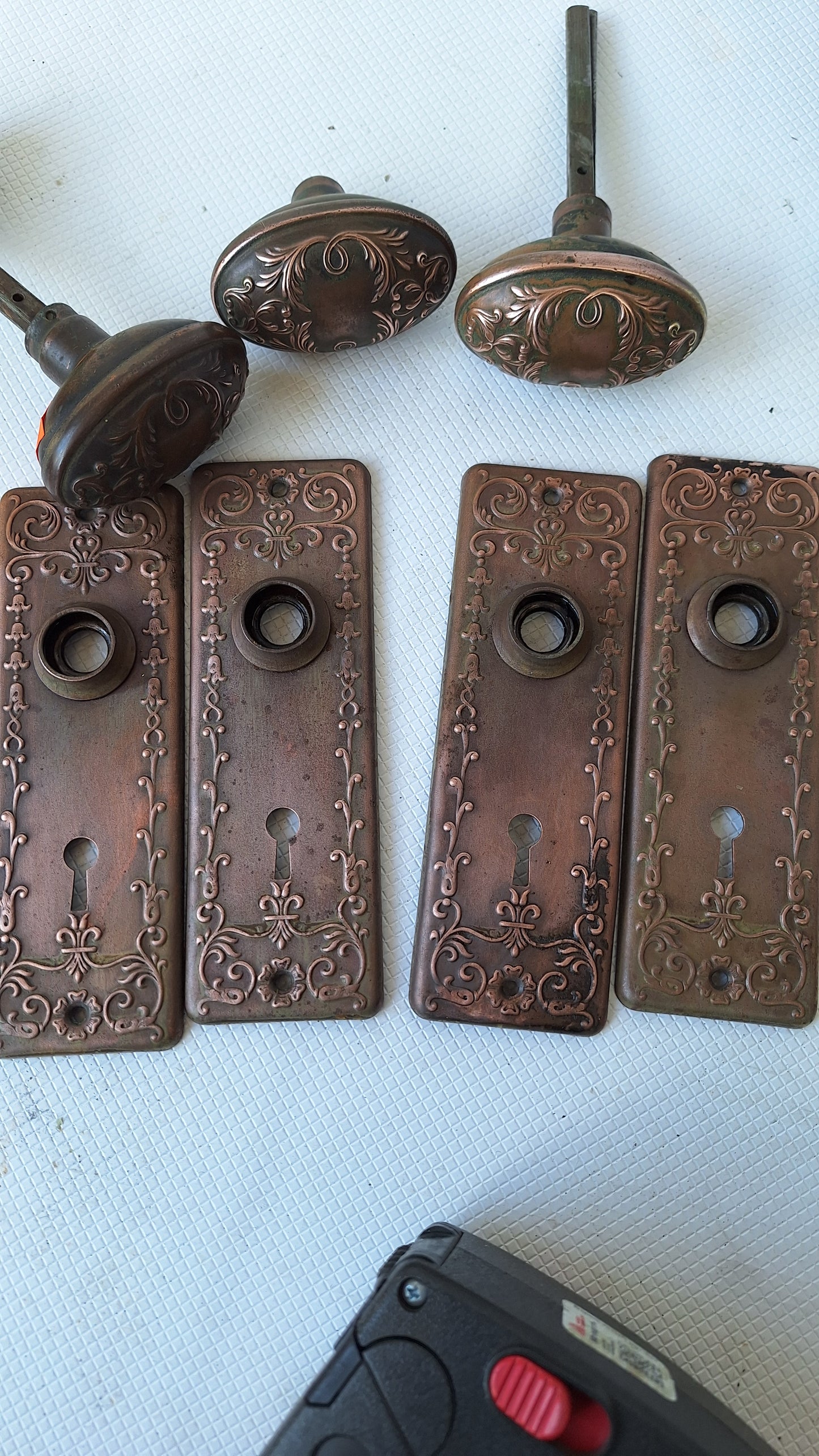 Set Copper Wash Door Hardware, Ornate Backplates and Door Knob Pair, Bronze Door Hardware Set 110110