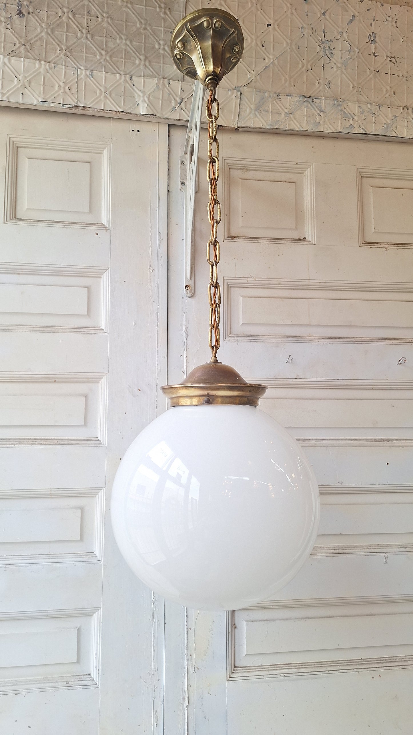 Bronze and White Glass Pendant Light, White Glass Globe, Globe Pendant Light, Vintage Pendant, Large Globe Light, Antique Globe Light 041709