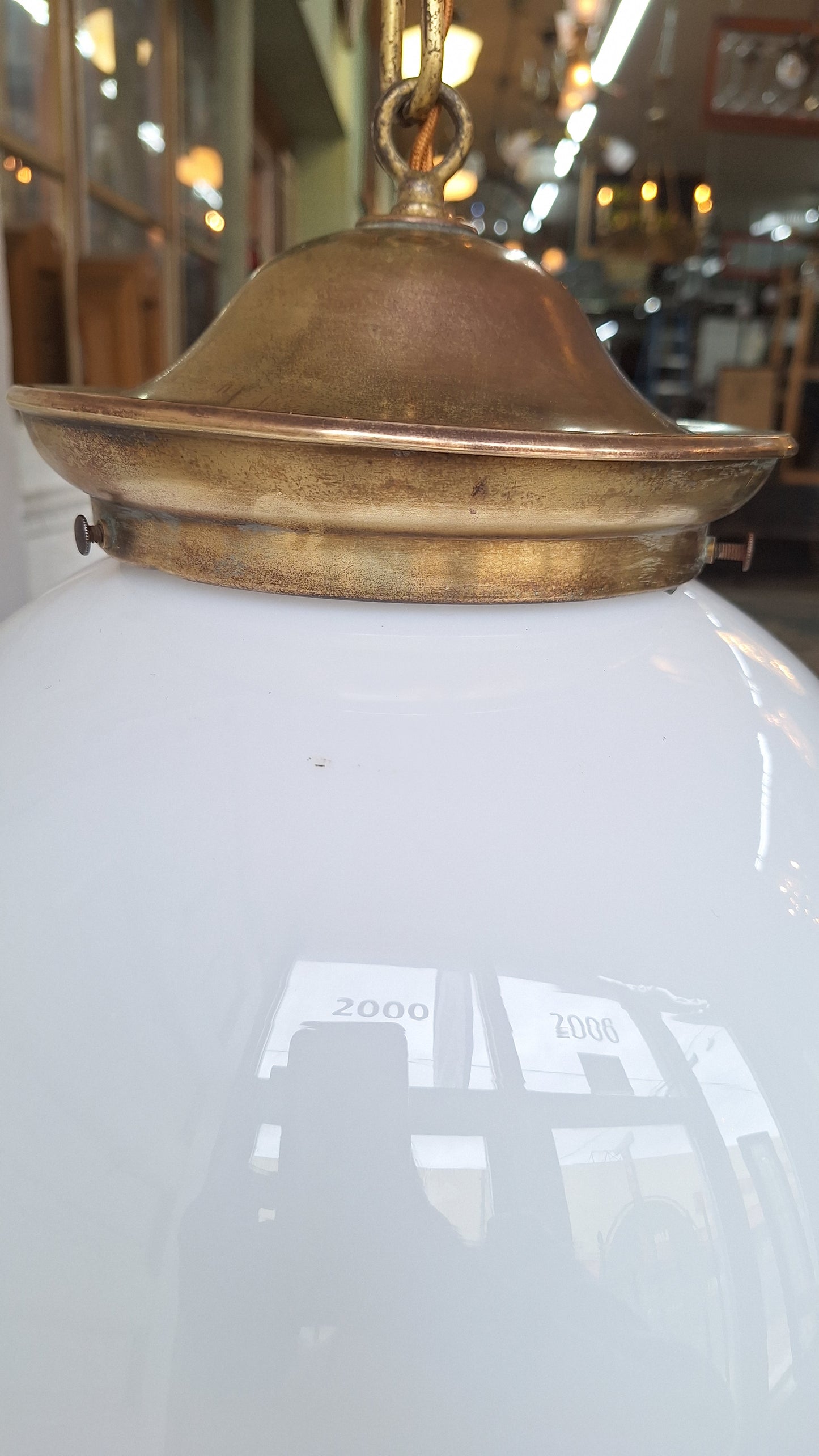 Bronze and White Glass Pendant Light, White Glass Globe, Globe Pendant Light, Vintage Pendant, Large Globe Light, Antique Globe Light 041709