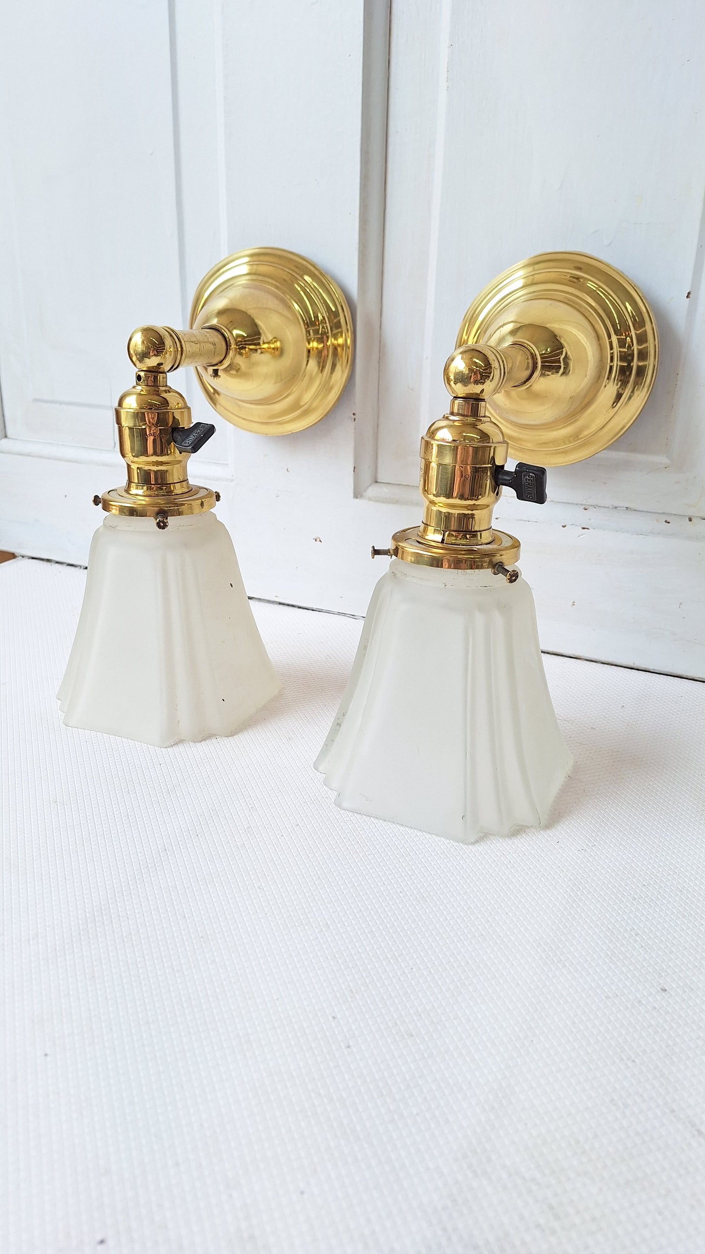 Antique Brass Sconces with Angular Square Glass Shades, Vintage Wall Sconce Lights with Frosted Glass Globes, Architecture Salvage 041905