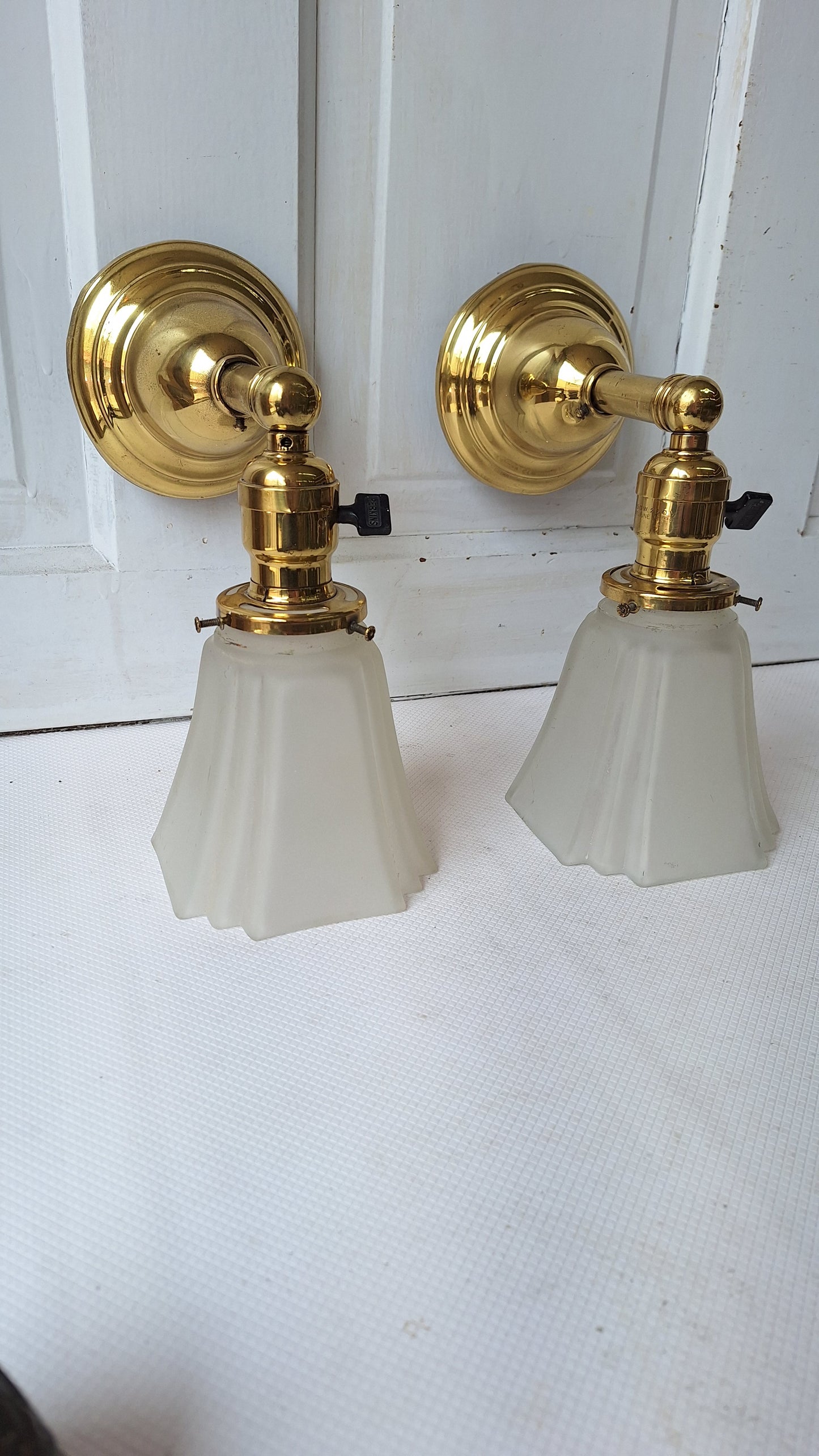 Antique Brass Sconces with Angular Square Glass Shades, Vintage Wall Sconce Lights with Frosted Glass Globes, Architecture Salvage 041905