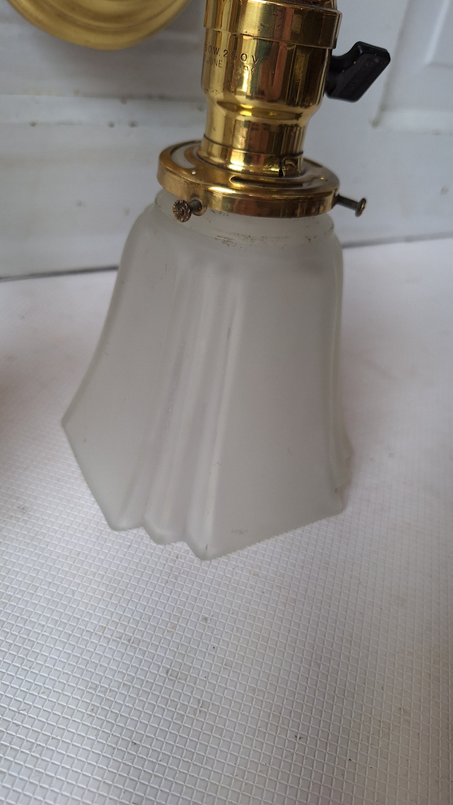Antique Brass Sconces with Angular Square Glass Shades, Vintage Wall Sconce Lights with Frosted Glass Globes, Architecture Salvage 041905