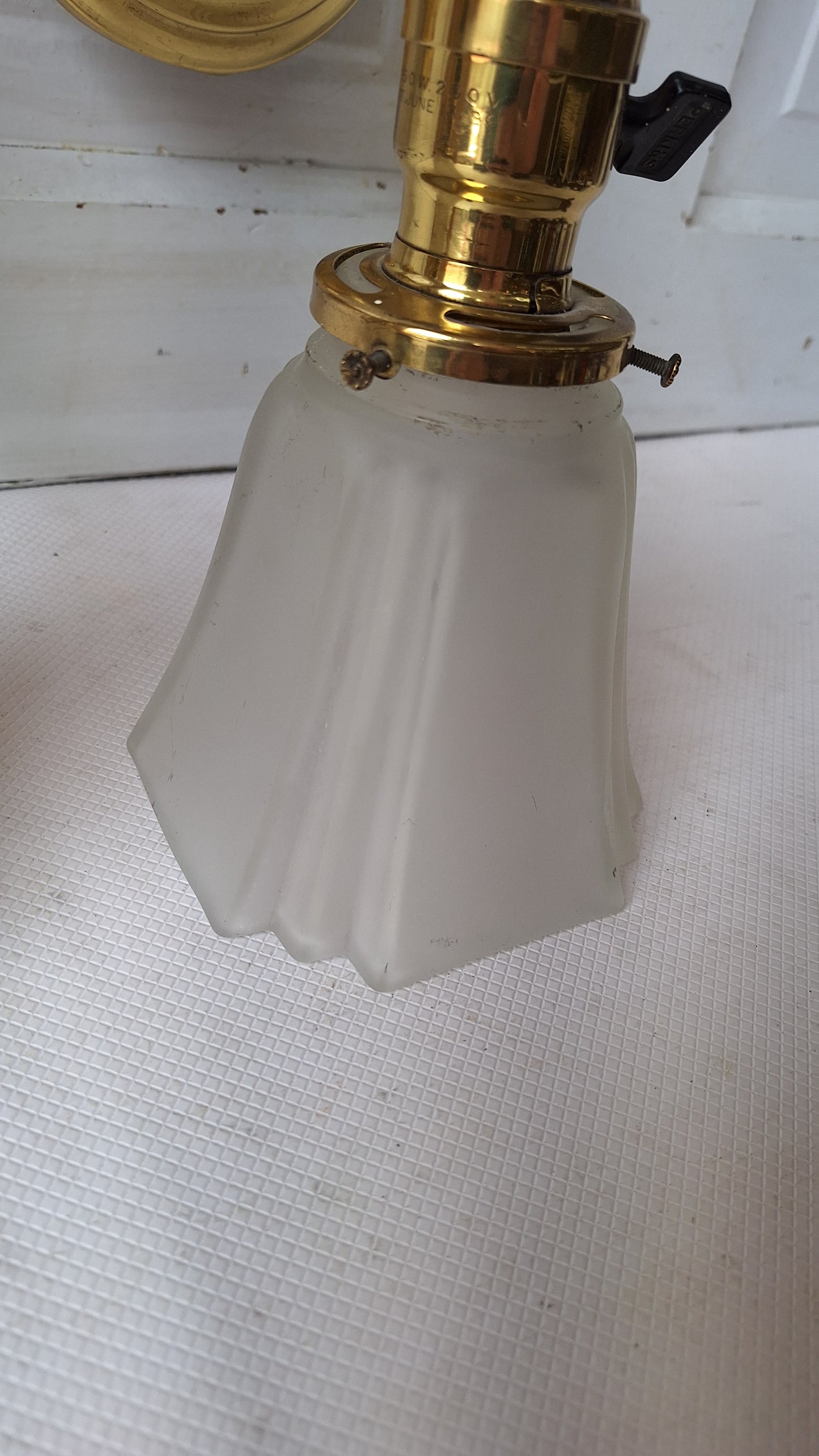 Antique Brass Sconces with Angular Square Glass Shades, Vintage Wall Sconce Lights with Frosted Glass Globes, Architecture Salvage 041905