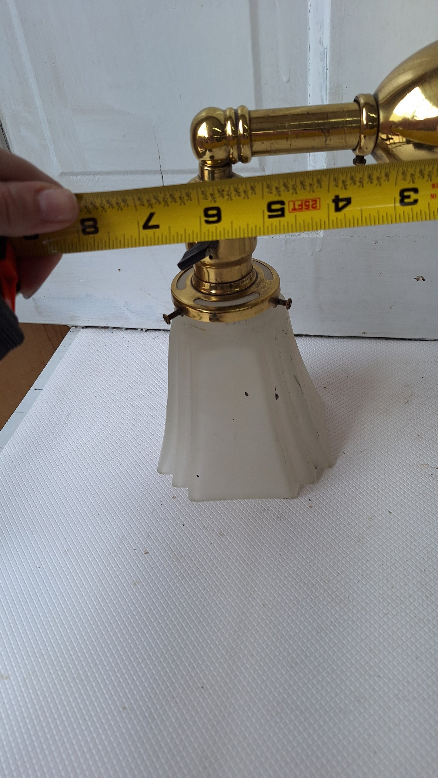 Antique Brass Sconces with Angular Square Glass Shades, Vintage Wall Sconce Lights with Frosted Glass Globes, Architecture Salvage 041905