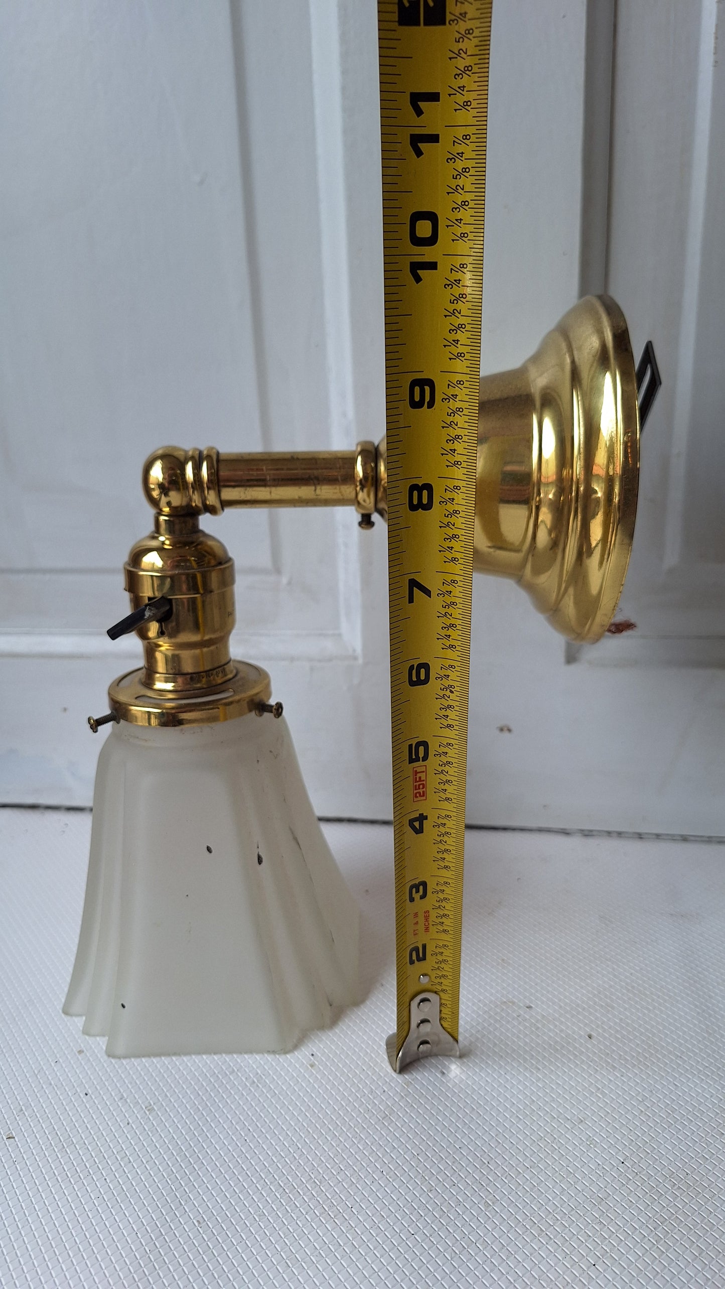 Antique Brass Sconces with Angular Square Glass Shades, Vintage Wall Sconce Lights with Frosted Glass Globes, Architecture Salvage 041905