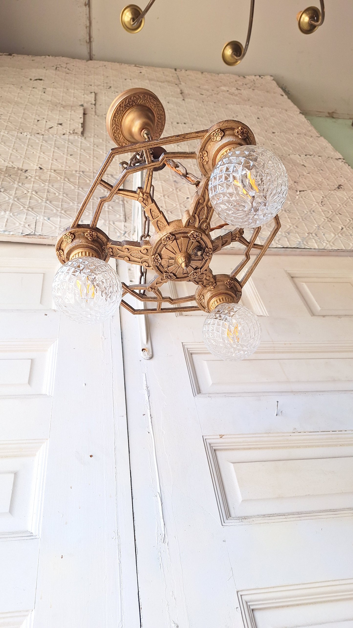 Art Deco Gold Chandelier, Three Bulb Antique Art Deco Light, Polychrome Light 042201