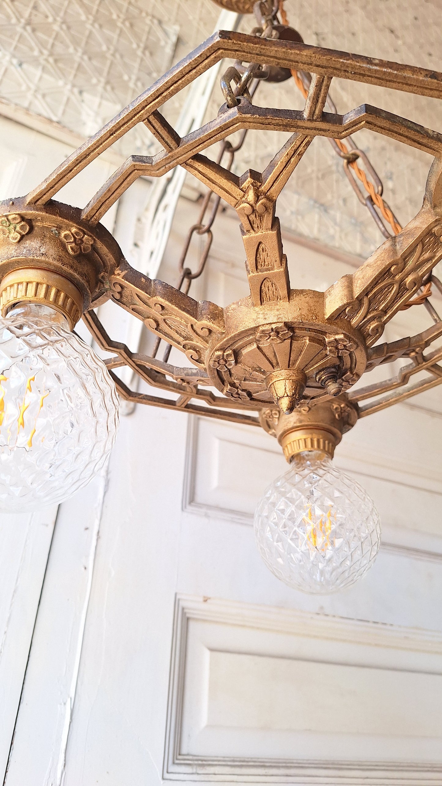 Art Deco Gold Chandelier, Three Bulb Antique Art Deco Light, Polychrome Light 042201