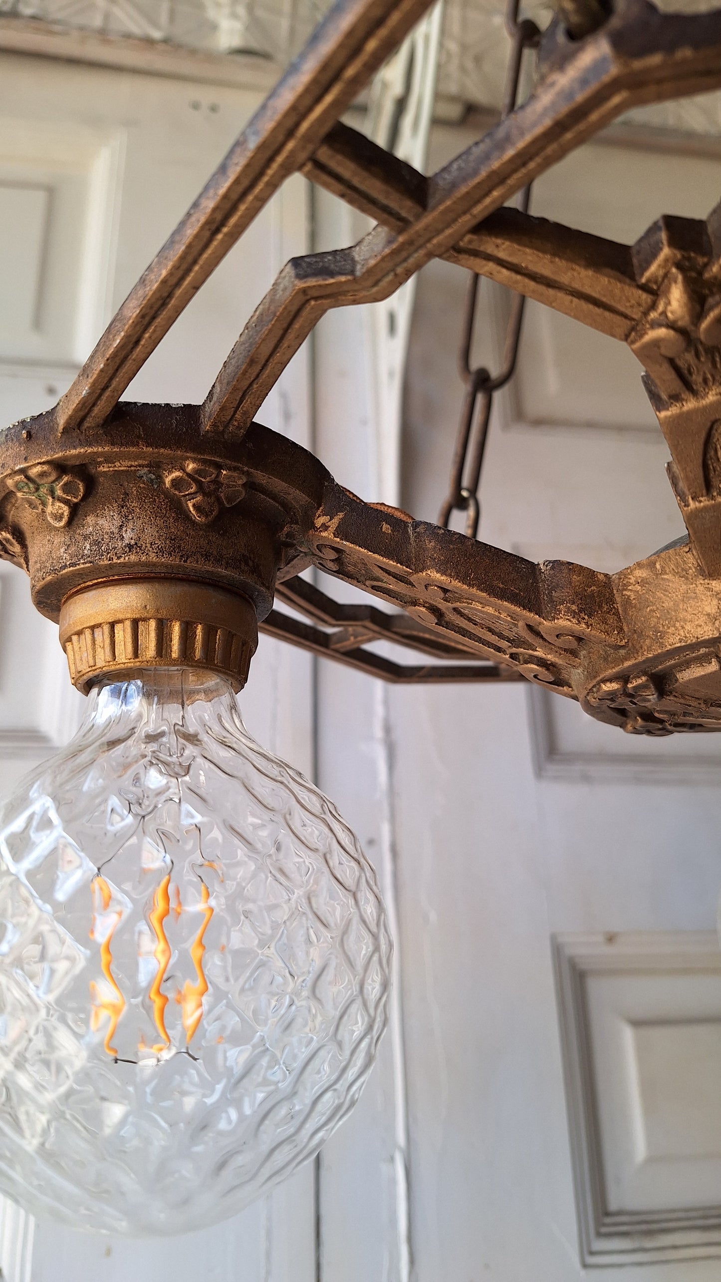 Art Deco Gold Chandelier, Three Bulb Antique Art Deco Light, Polychrome Light 042201