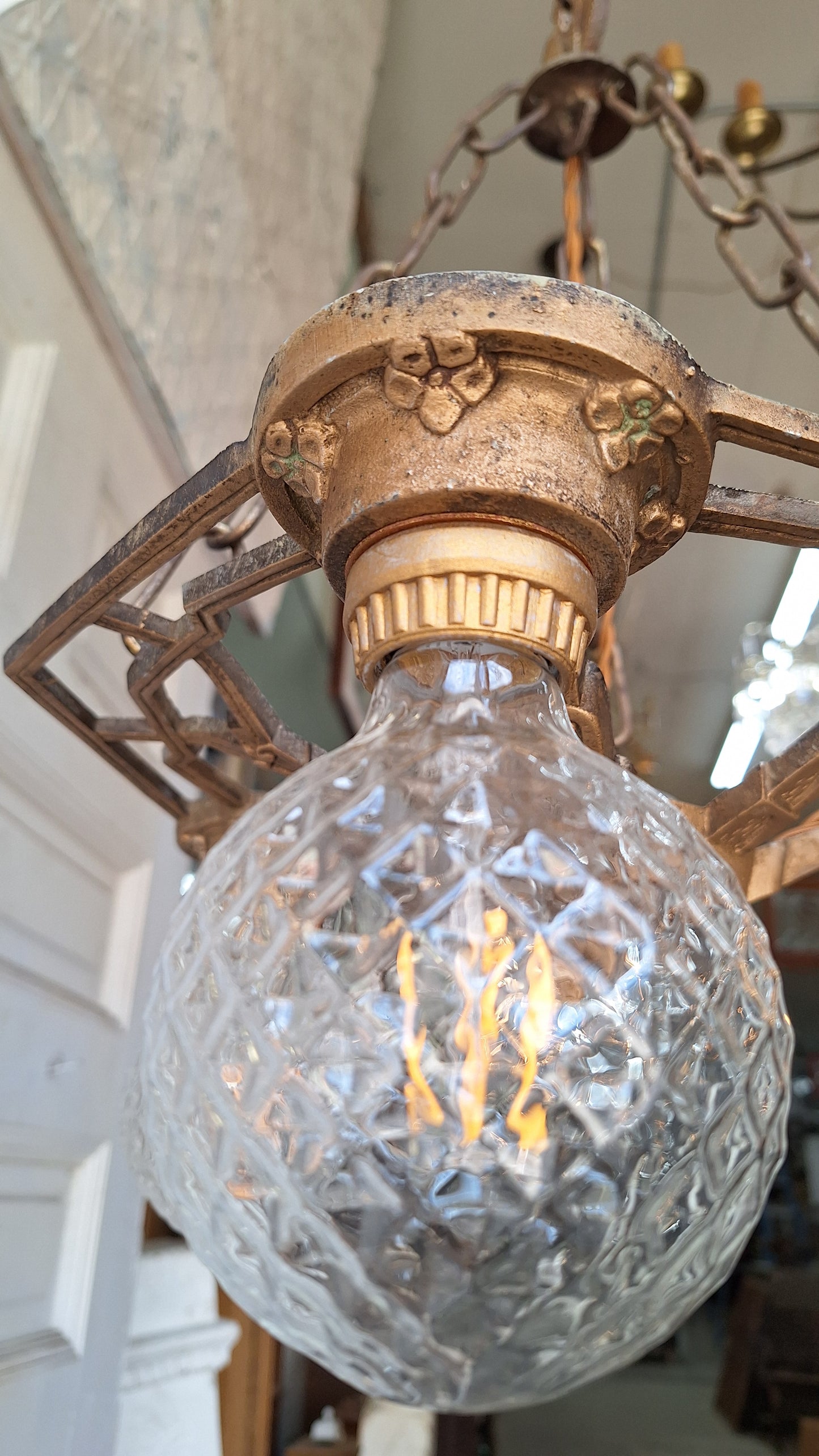 Art Deco Gold Chandelier, Three Bulb Antique Art Deco Light, Polychrome Light 042201