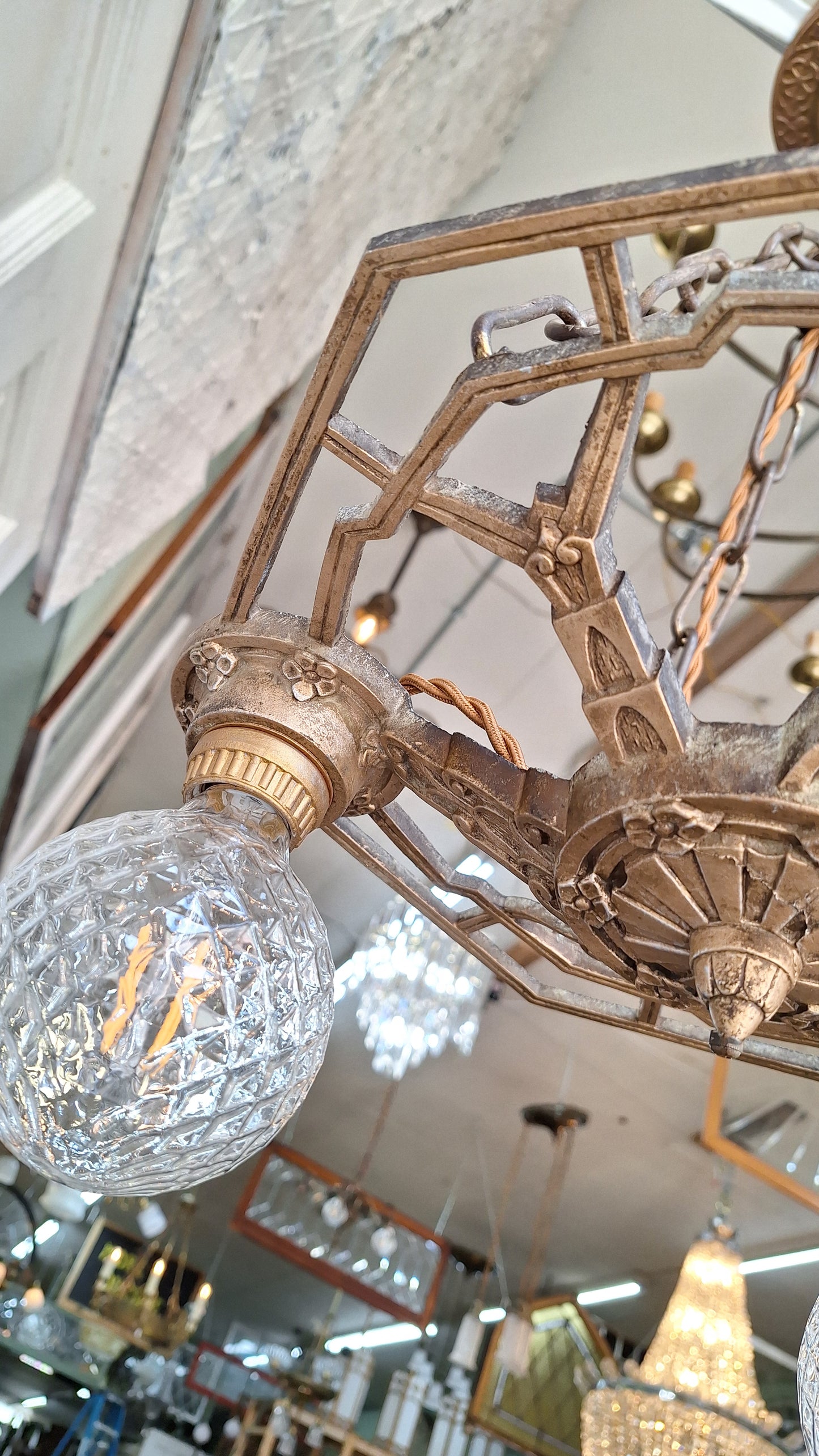 Art Deco Gold Chandelier, Three Bulb Antique Art Deco Light, Polychrome Light 042201