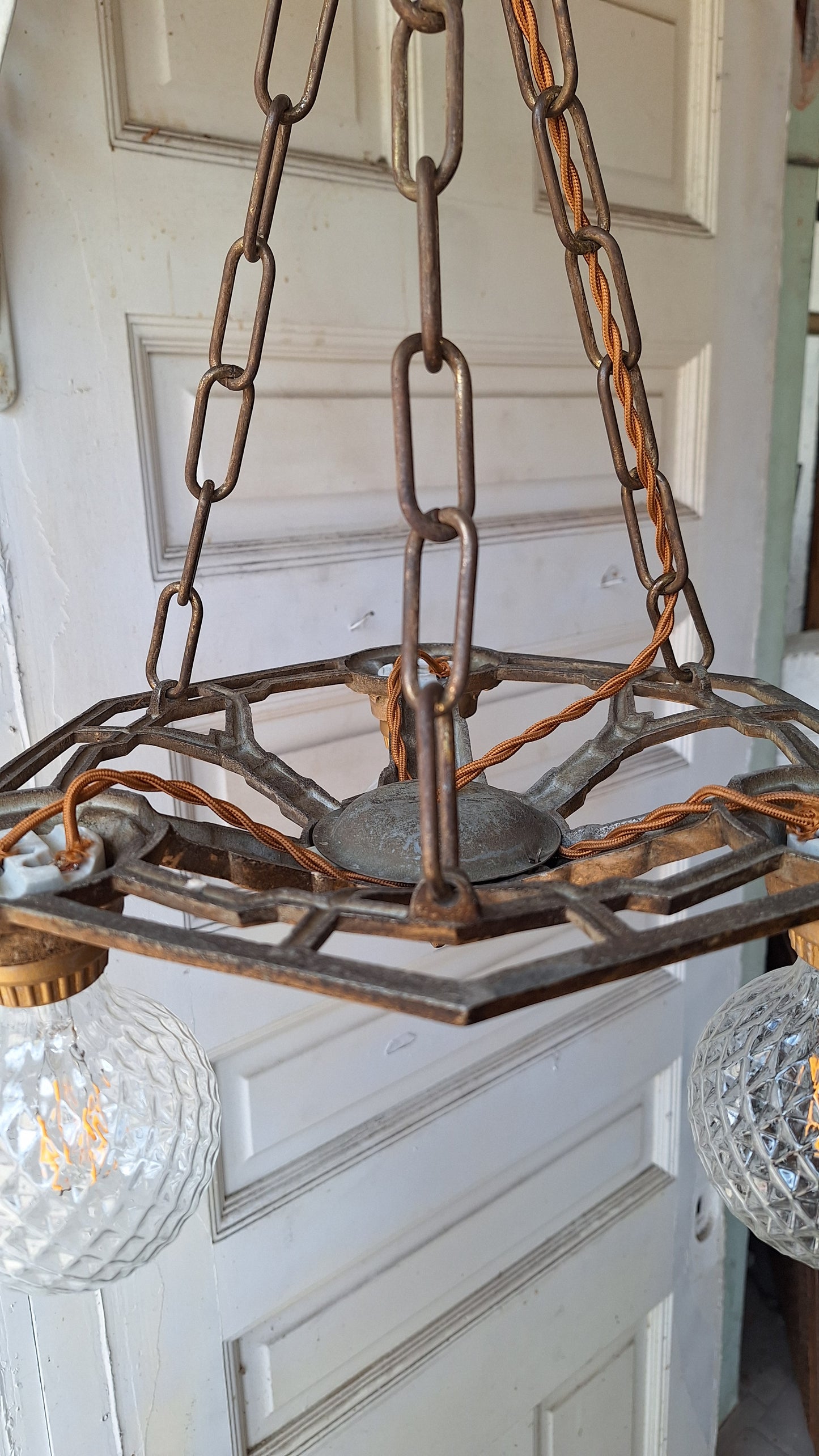 Art Deco Gold Chandelier, Three Bulb Antique Art Deco Light, Polychrome Light 042201