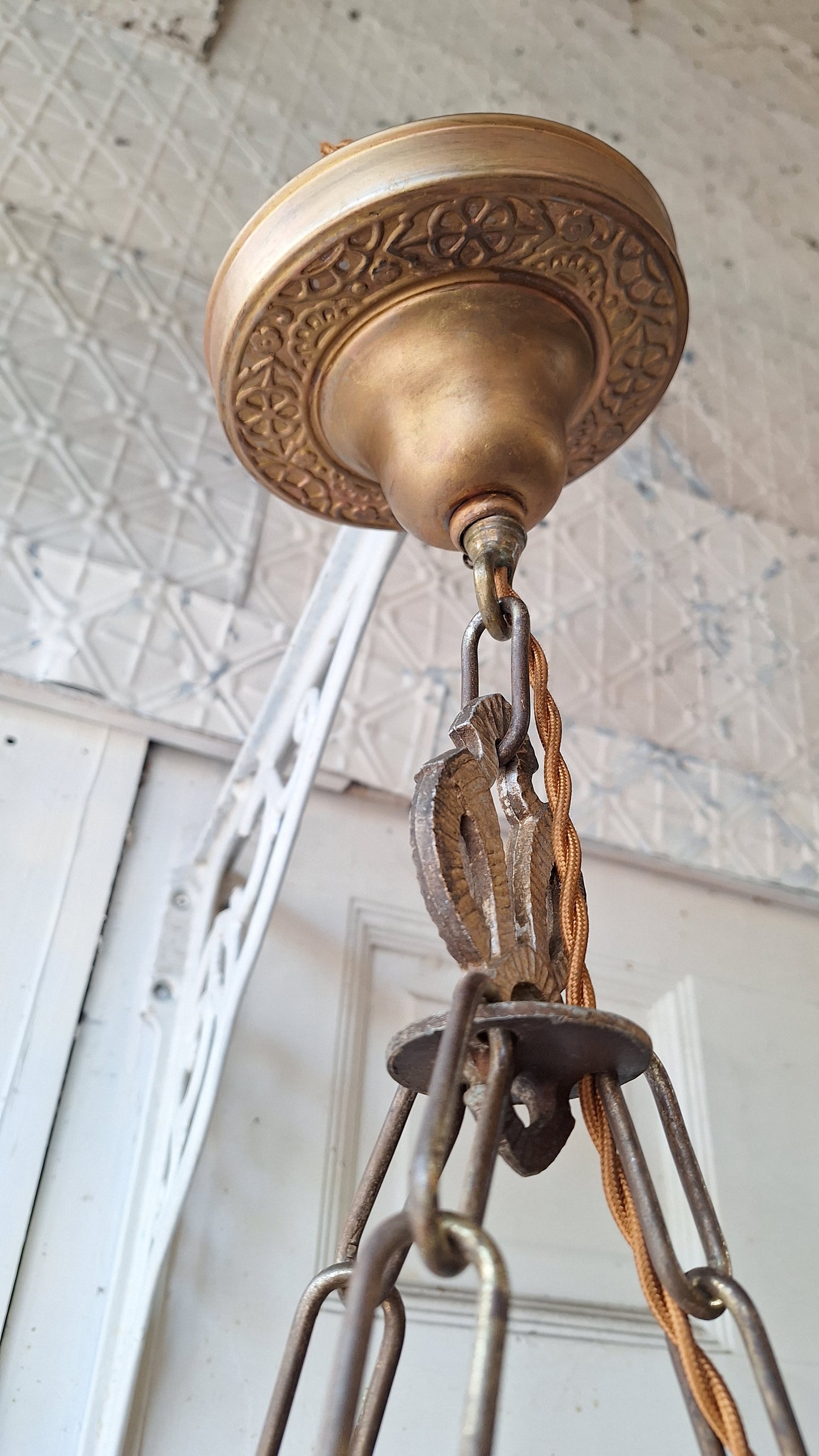 Art Deco Gold Chandelier, Three Bulb Antique Art Deco Light, Polychrome Light 042201