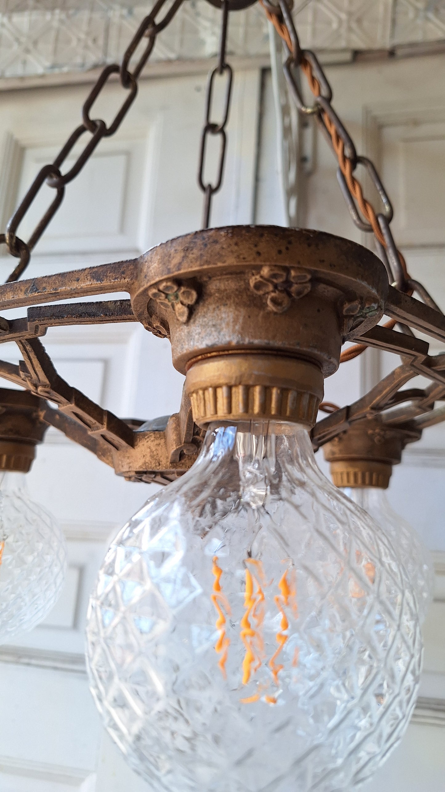 Art Deco Gold Chandelier, Three Bulb Antique Art Deco Light, Polychrome Light 042201