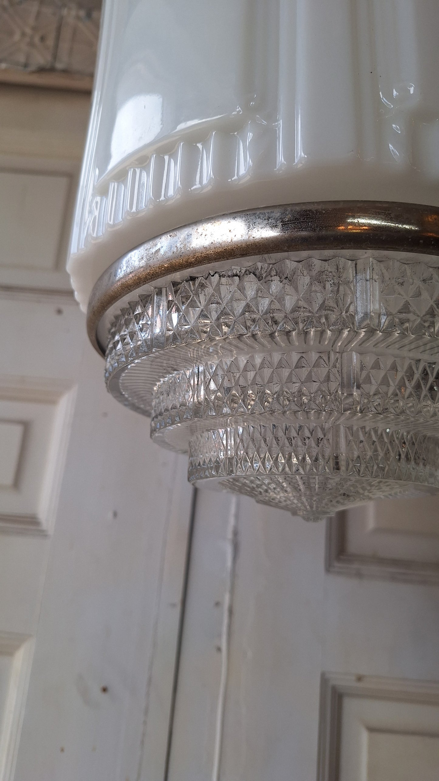 Art Deco Two Tone Glass Pendant Light, Chrome and Prismatic Glass Skyscraper Light, Antique Milk Glass Deco Lightg
