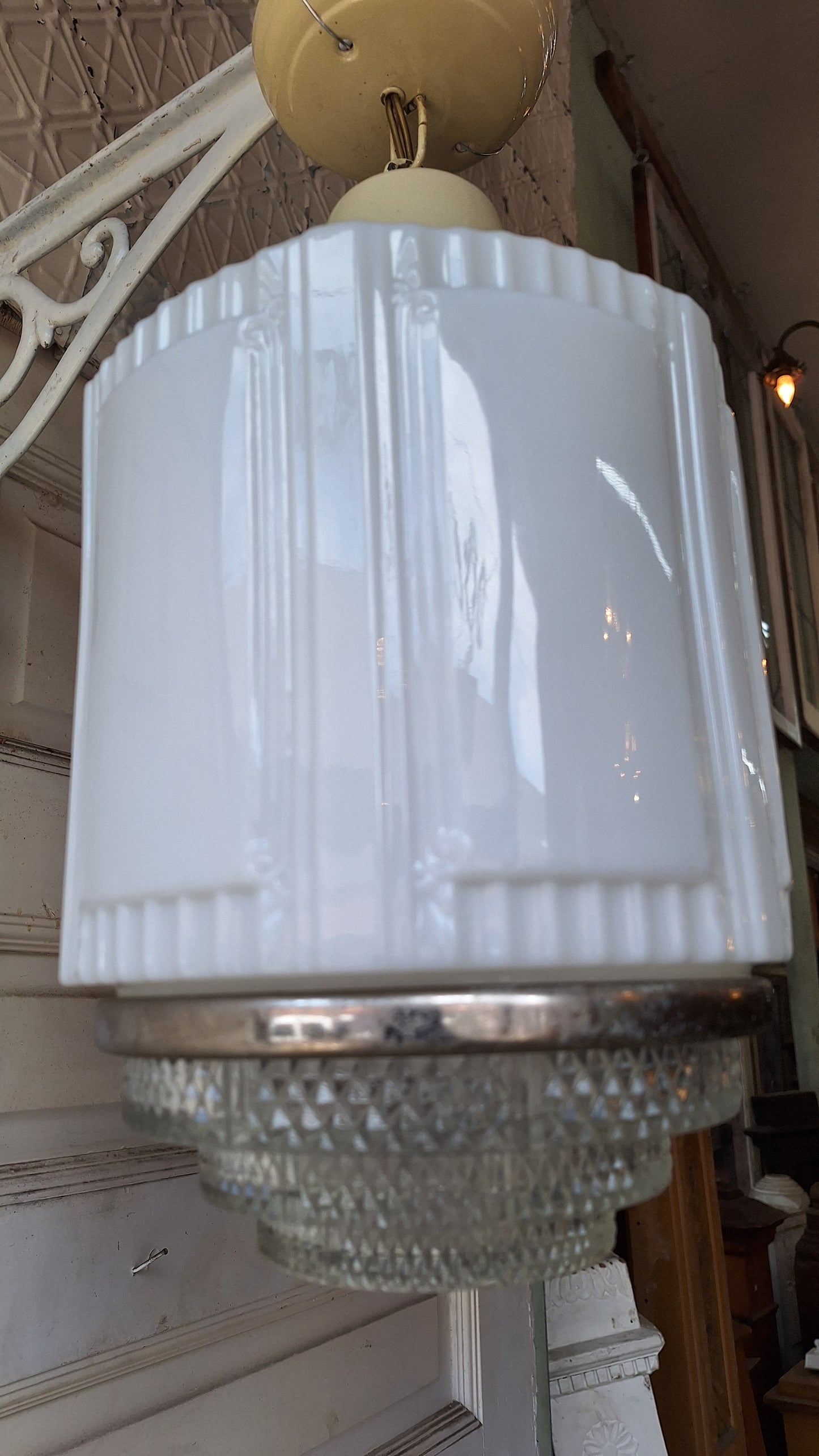 Art Deco Two Tone Glass Pendant Light, Chrome and Prismatic Glass Skyscraper Light, Antique Milk Glass Deco Lightg