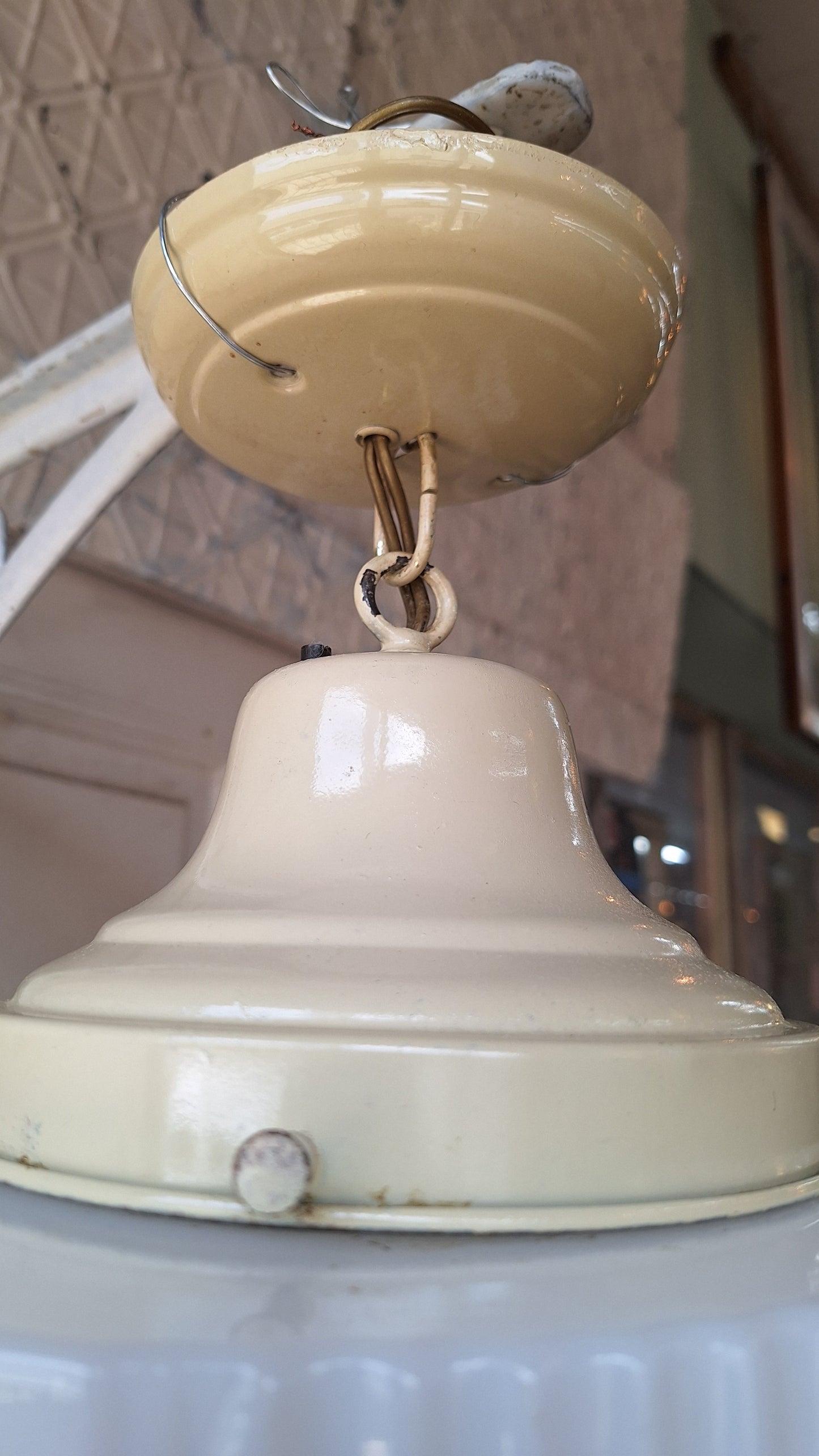 Art Deco Two Tone Glass Pendant Light, Chrome and Prismatic Glass Skyscraper Light, Antique Milk Glass Deco Lightg