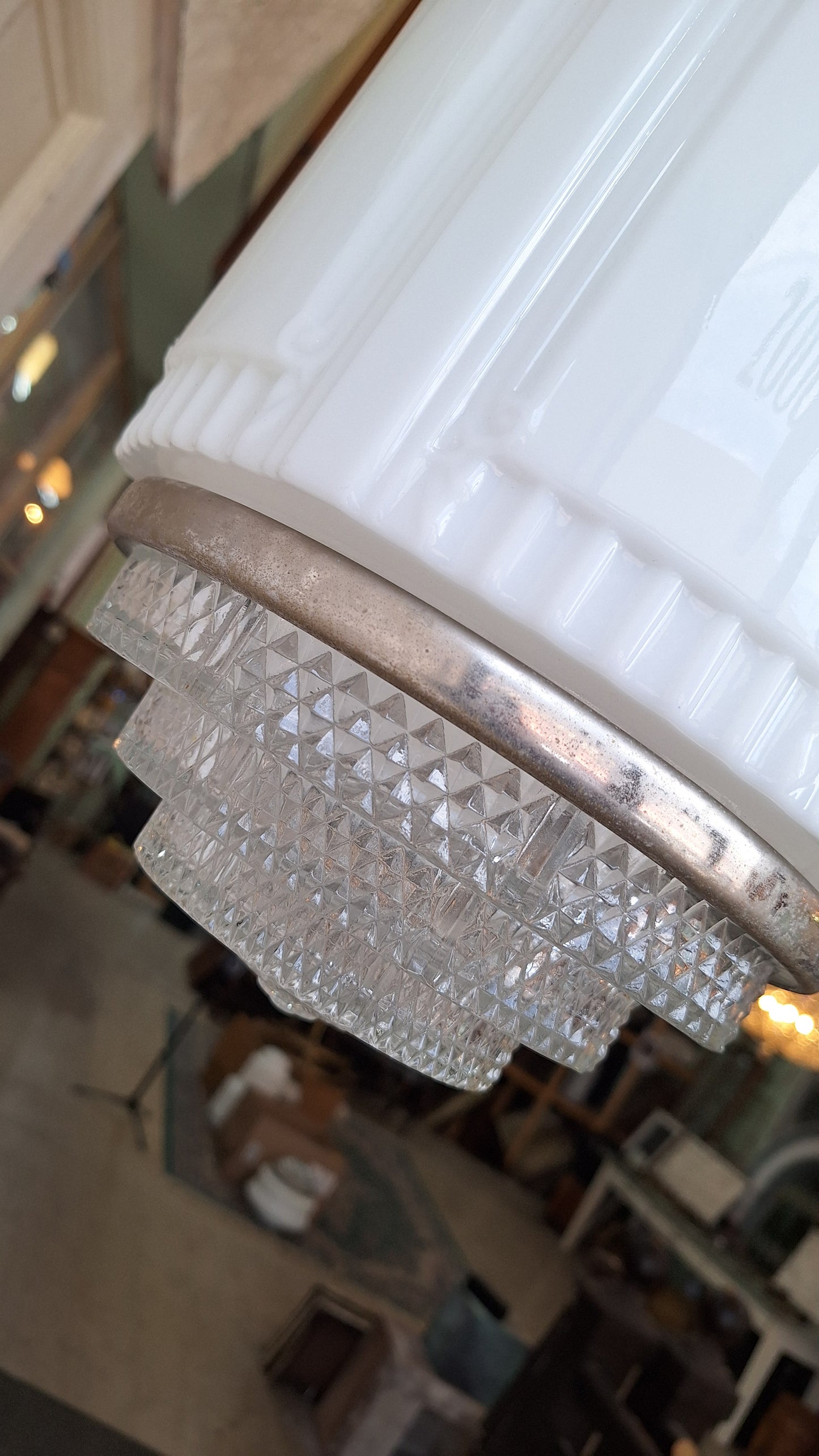 Art Deco Two Tone Glass Pendant Light, Chrome and Prismatic Glass Skyscraper Light, Antique Milk Glass Deco Lightg