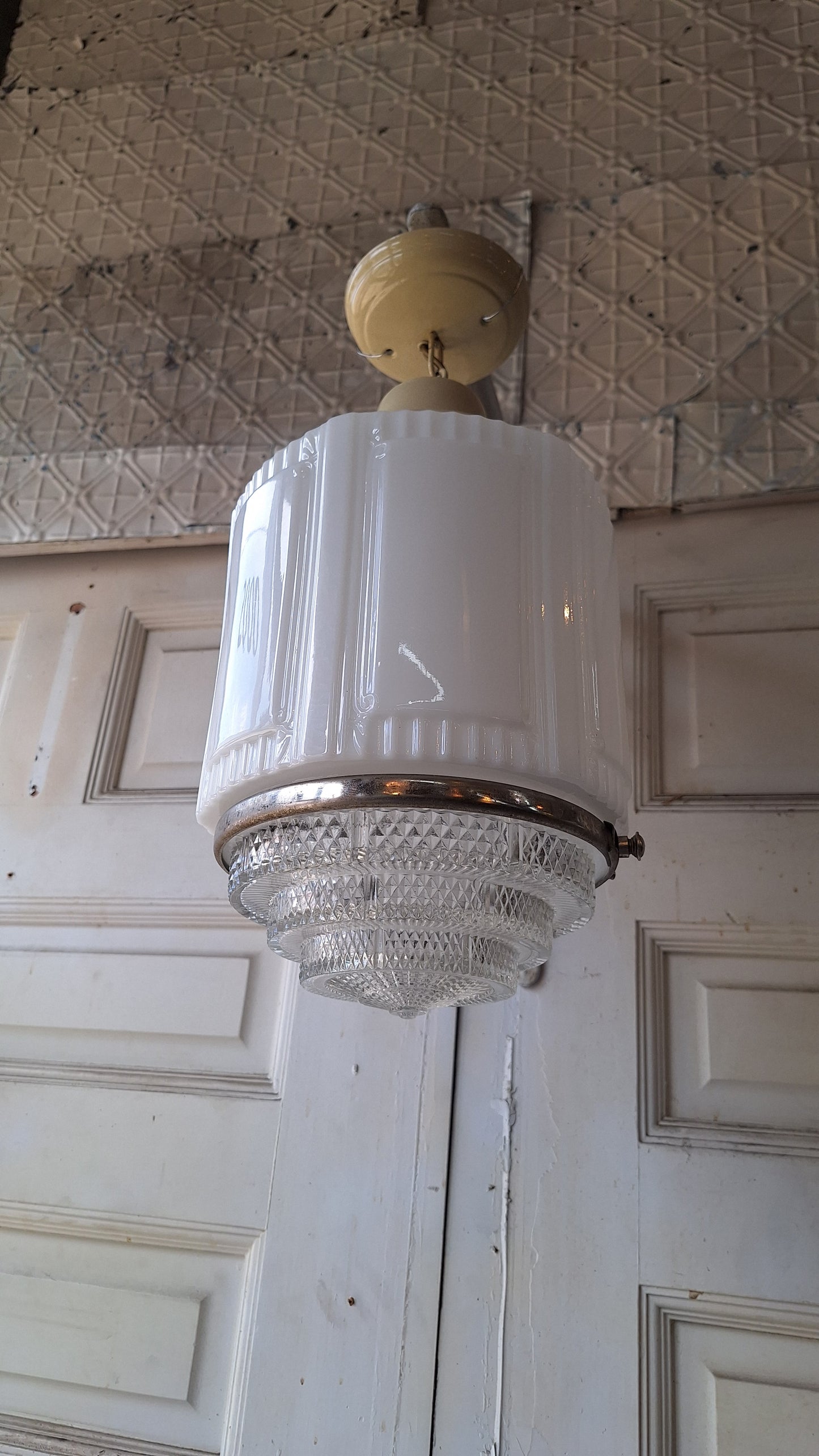 Art Deco Two Tone Glass Pendant Light, Chrome and Prismatic Glass Skyscraper Light, Antique Milk Glass Deco Lightg