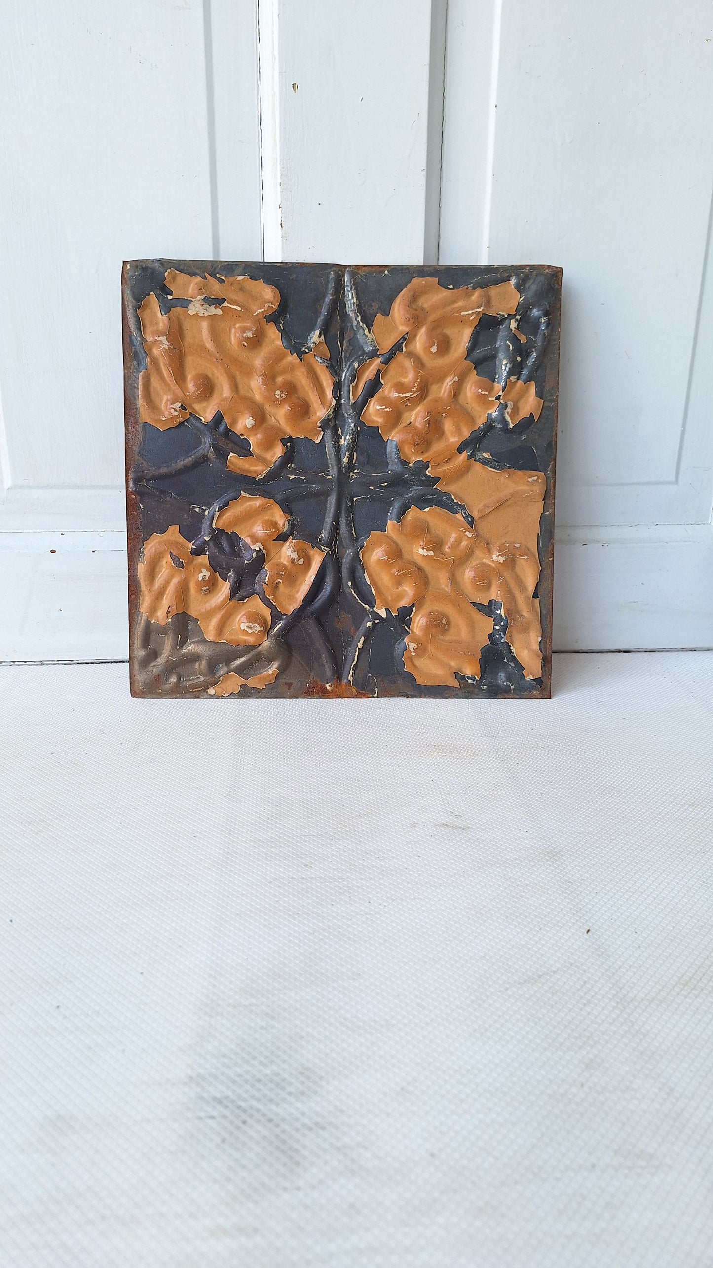 Small 12" Ceiling Tile Square, Vintage Stamped Metal Ceiling Tin, Vintage Metal Wall Art Hanging 042410