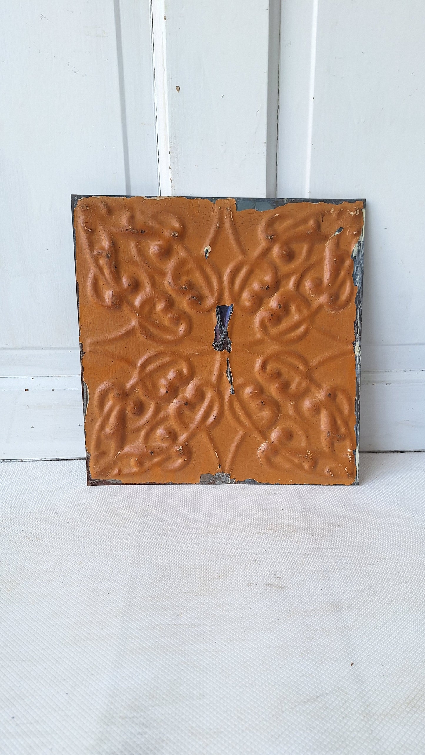 Small 12" Ceiling Tile Square, Vintage Stamped Metal Ceiling Tin, Vintage Metal Wall Art Hanging 042410