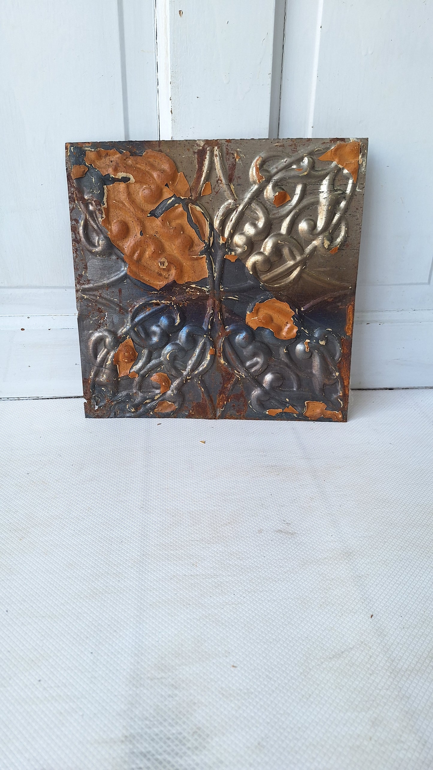 Small 12" Ceiling Tile Square, Vintage Stamped Metal Ceiling Tin, Vintage Metal Wall Art Hanging 042410