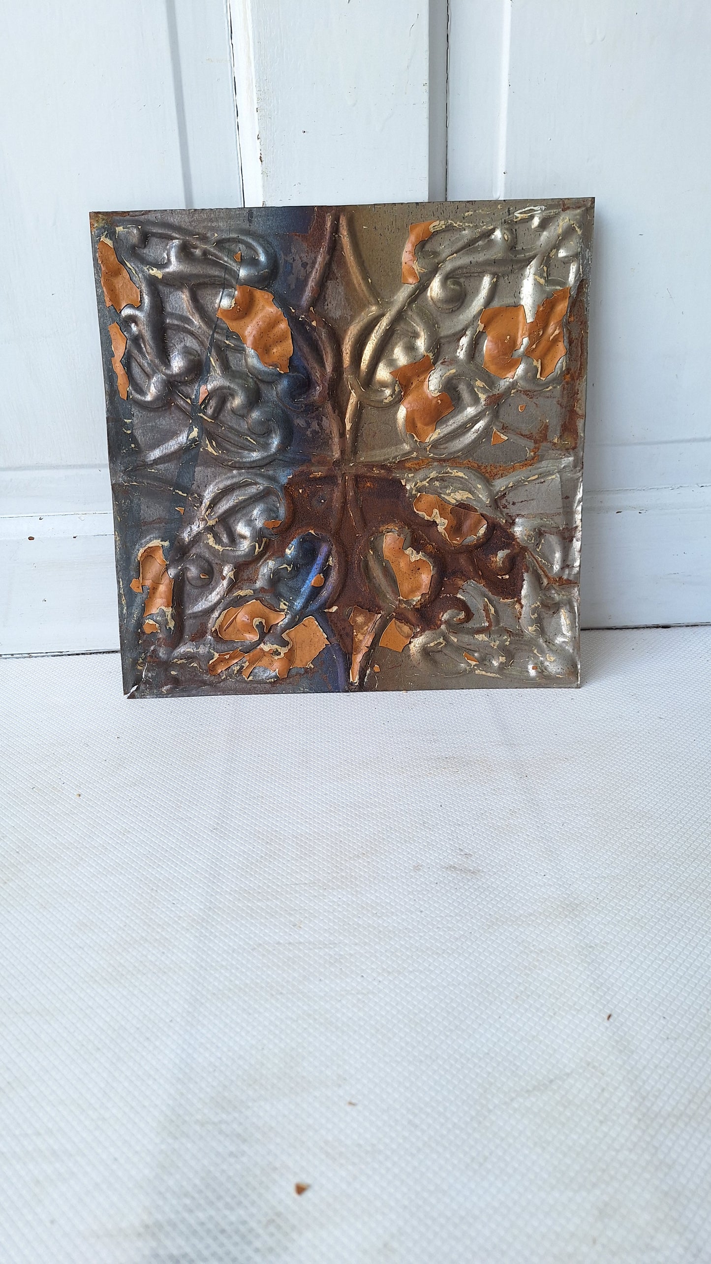 Small 12" Ceiling Tile Square, Vintage Stamped Metal Ceiling Tin, Vintage Metal Wall Art Hanging 042410